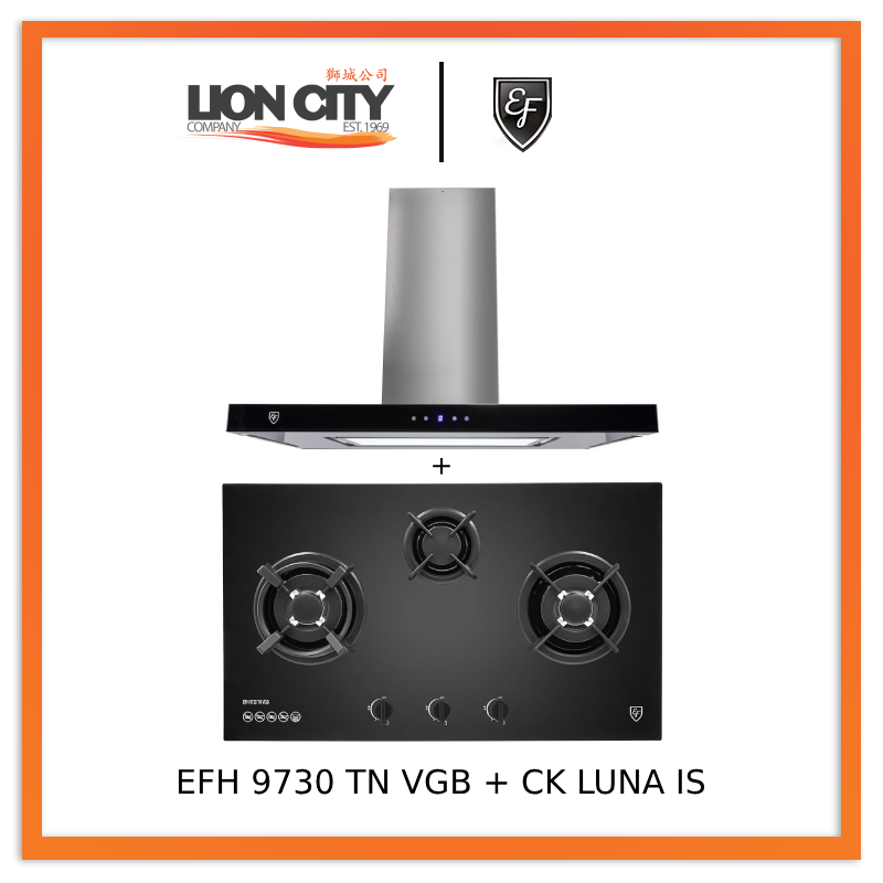 EF CK LUNA 90cm Island Hood with EF EFH 9730 TN VGB 3-Burner Built-In Glass Hob - Modern Kitchen Ventilation & Cooking Solution for Home Chefs