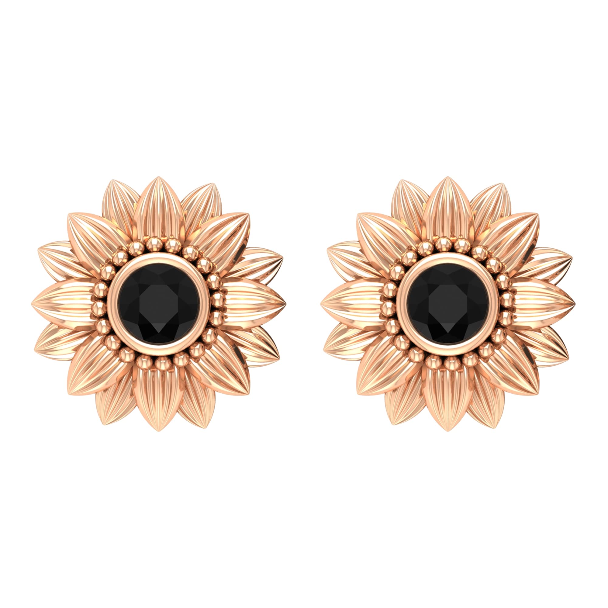 0.25 CT Black Spinel Floral Stud Earrings for Women - 14K Solid Gold Bezel Set August Birthstone Earrings - Elegant Round Shape Jewelry for Gifts, Parties & Special Occasions