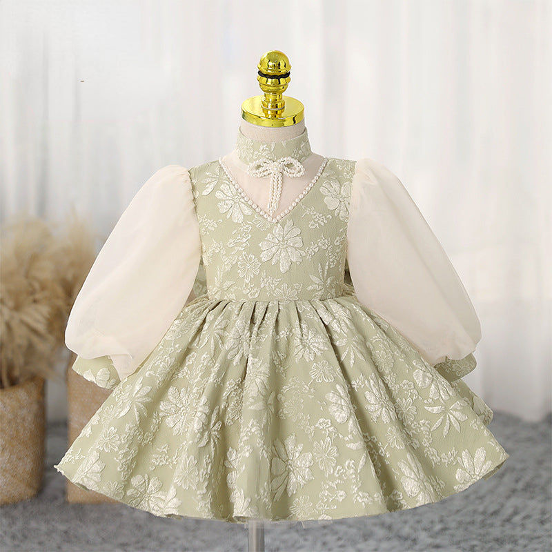Elegant Baby Girls Green Puff Sleeve Embroidered Christening Dress - Toddler Birthday Princess Costume for Baptism, First Communion & Special Occasions