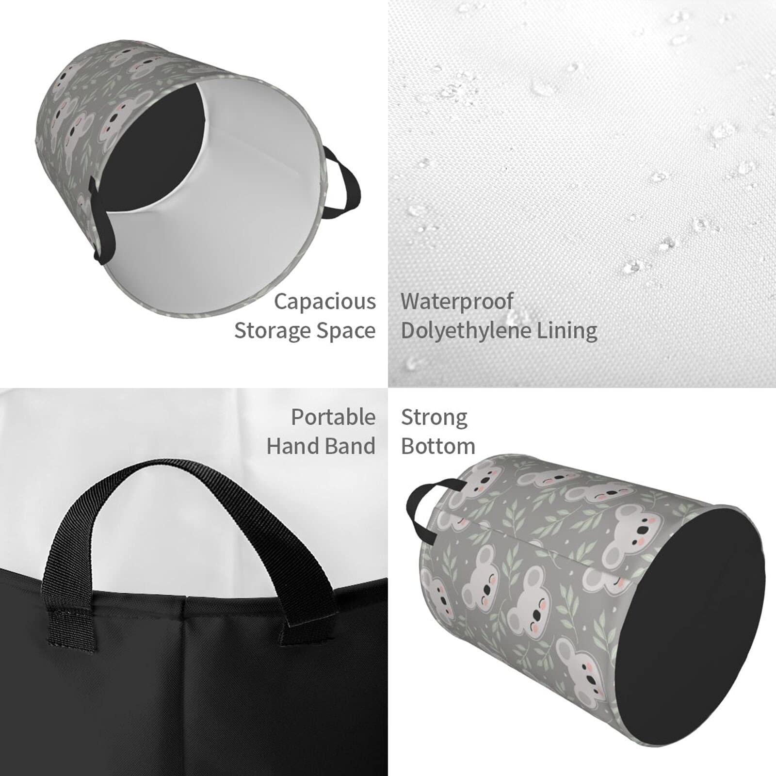 Foldable Waterproof Laundry Hamper with Handle - Large Collapsible Storage Basket for Clothes, Toys & Bathroom Organization | Cute Koala Leaves Design for Home, Dorm & Travel Use