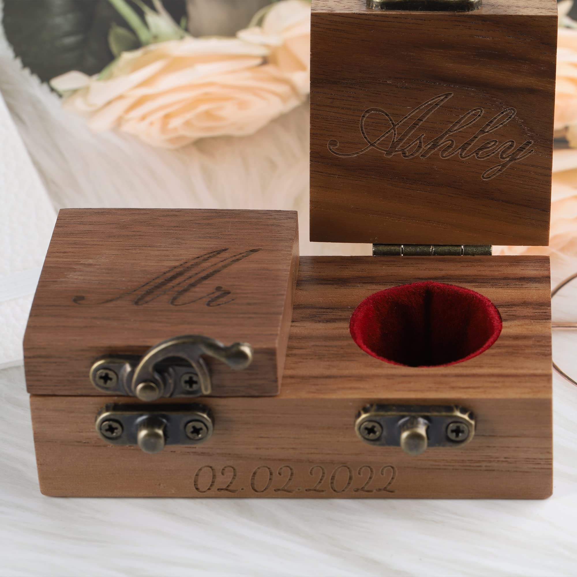 Personalized Wooden Wedding Ring Box - Custom Engraved Rustic Jewelry Holder for Engagement & Proposal - Portable Ring Bearer Box for Wedding Ceremony, Anniversary & Romantic Gifts