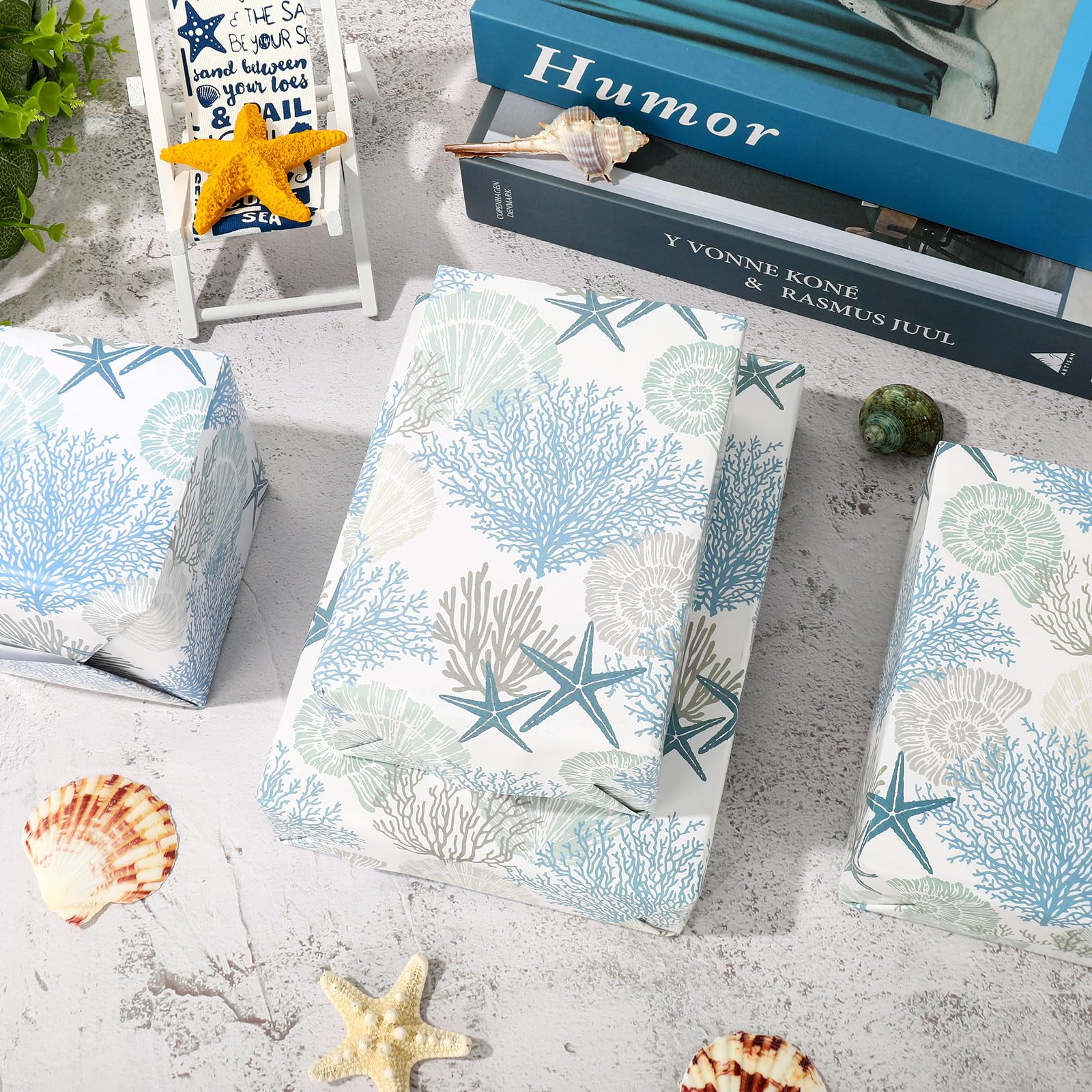 AnyDesign Coral Seashell Wrapping Paper - Ocean Beach Themed Gift Wrap for Wedding, Birthday, Baby Shower - Bulk Decorative Art Paper for DIY Gift Wrapping (19.7