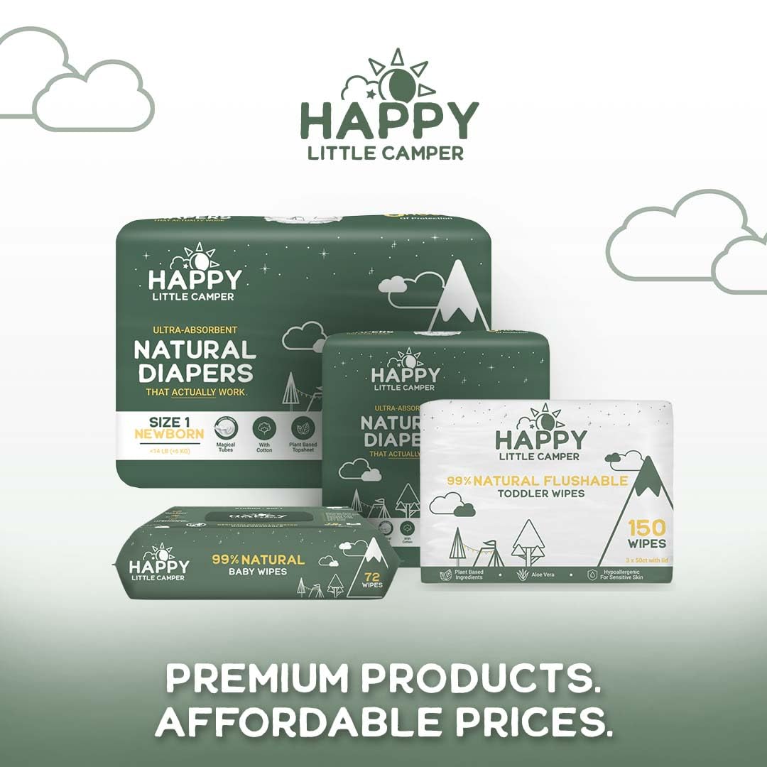 Happy Little Camper Size 6 Ultra-Absorbent Baby Diapers - Hypoallergenic, Chlorine-Free & Unscented Disposable Diapers for Sensitive Skin - 102 Count - Perfect for Overnight Protection, Daycare & Travel