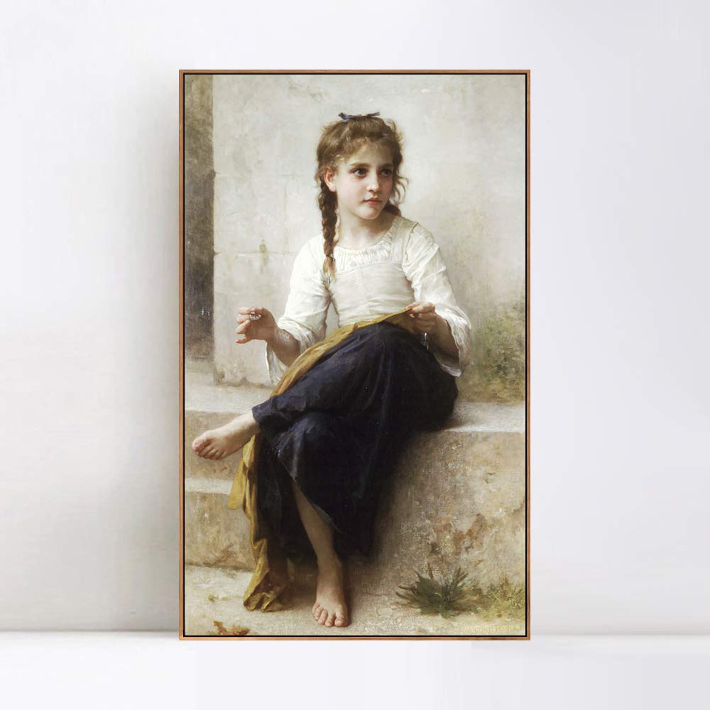 INVIN ART Framed Canvas Giclee Print - 'Sewing, 1898' by William Adolphe Bouguereau - Premium Wall Art for Living Room & Home Office Decor (20x40 Inches, Wooden Slim Frame) - Perfect for Classic Home Interiors & Art Lovers' Collections