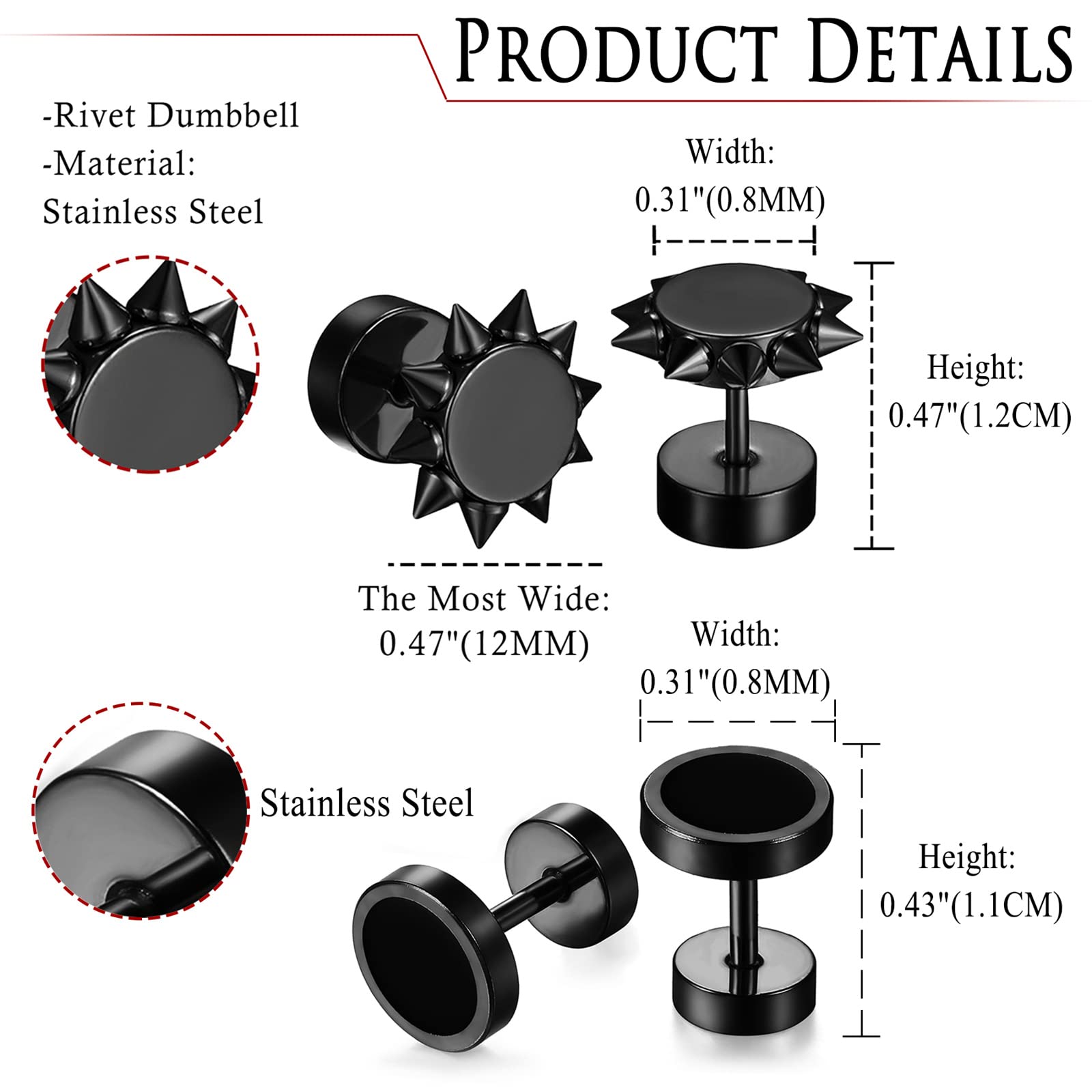 Aroncent 8MM Stainless Steel Fake Gauge Stud Earrings for Men & Women - Rose Gold Plated Fake Earrings for Daily Wear, Parties & Gifts