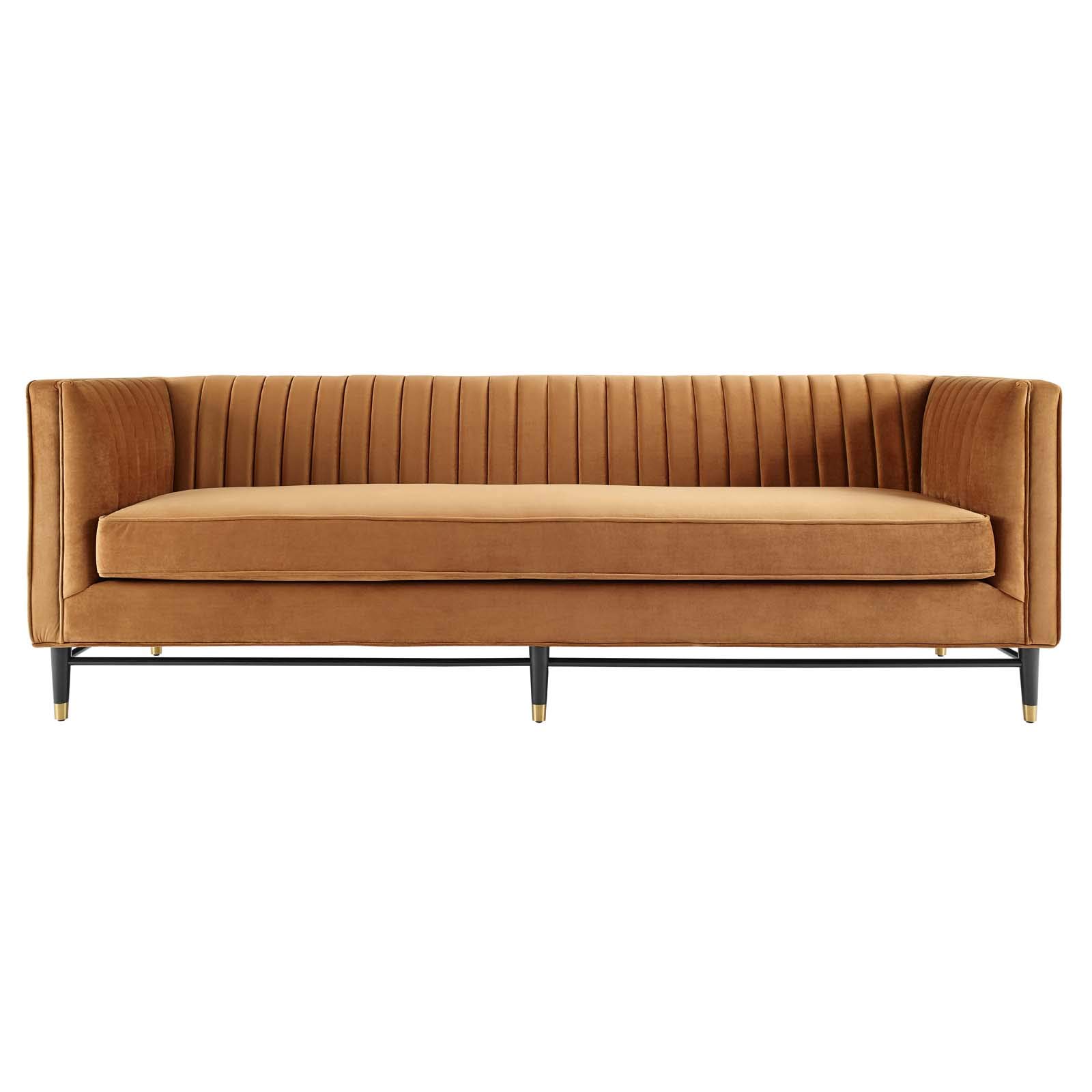 Modway Devote Channel Tufted Performance Velvet Sofa in Cognac - Luxurious Velvet Upholstered Living Room Couch for Modern Home Decor