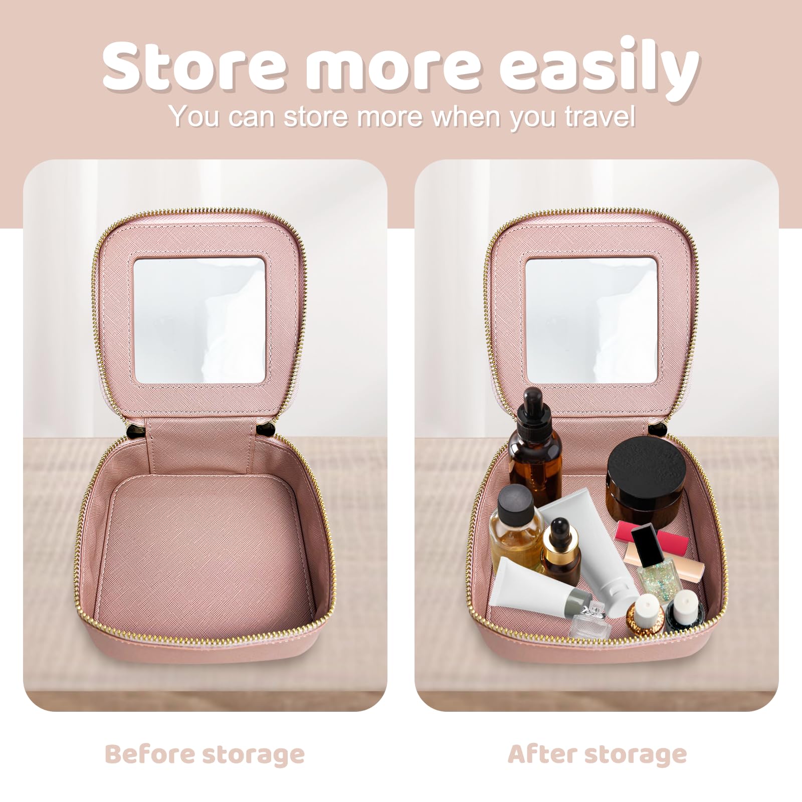 Mini Makeup Bag for Women - Small Waterproof Cosmetic & Toiletry Travel Organizer with Clear Windows & Gold Zippers | Perfect for Travel, Gym, Daily Essentials (Pink, Mini Size)