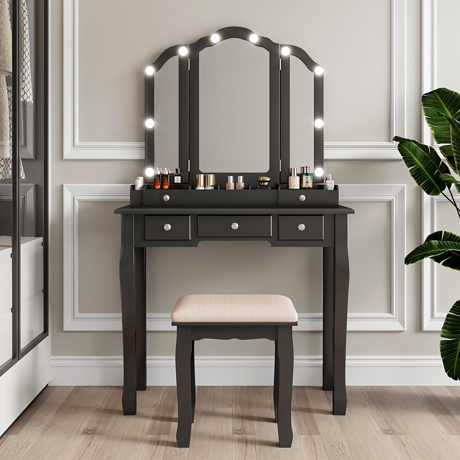Professional Makeup Vanity Table with LED Lights & Tri-Folding Mirror - 5-Drawer Dressing Table with Lighted Mirror, Black - Perfect for Bedroom, Dressing Room & Beauty Salon Makeup Station