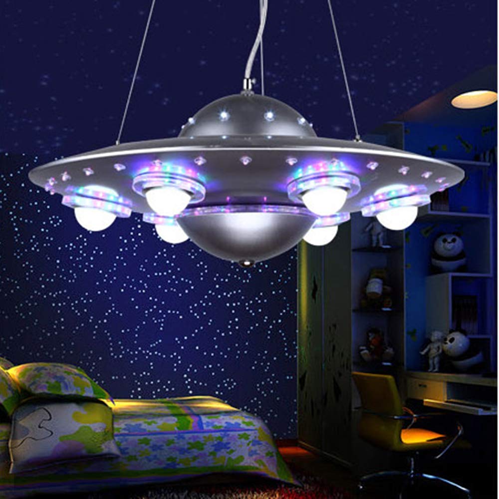 LAKIQ UFO LED Chandelier for Kids Room - 6 Lights Hanging Pendant Light for Bedroom & Nursery (Silver) - Perfect for Boys & Girls Rooms