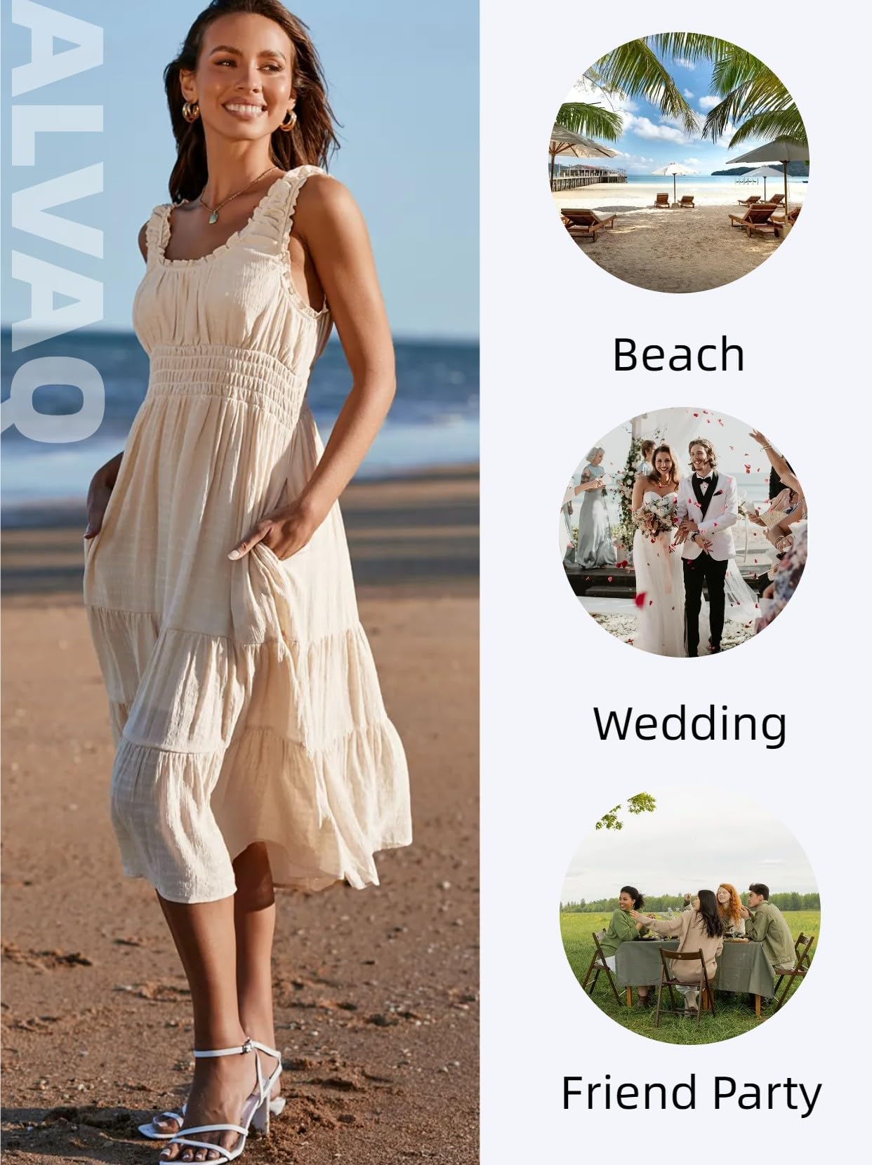 AlvaQ Women's Summer Sleeveless Smocked Midi Dress - High Waist A-Line Sundress with Pockets for Beach, Vacation & Casual Wear | Flowy Tiered Dress for Outdoor Activities & Date Nights