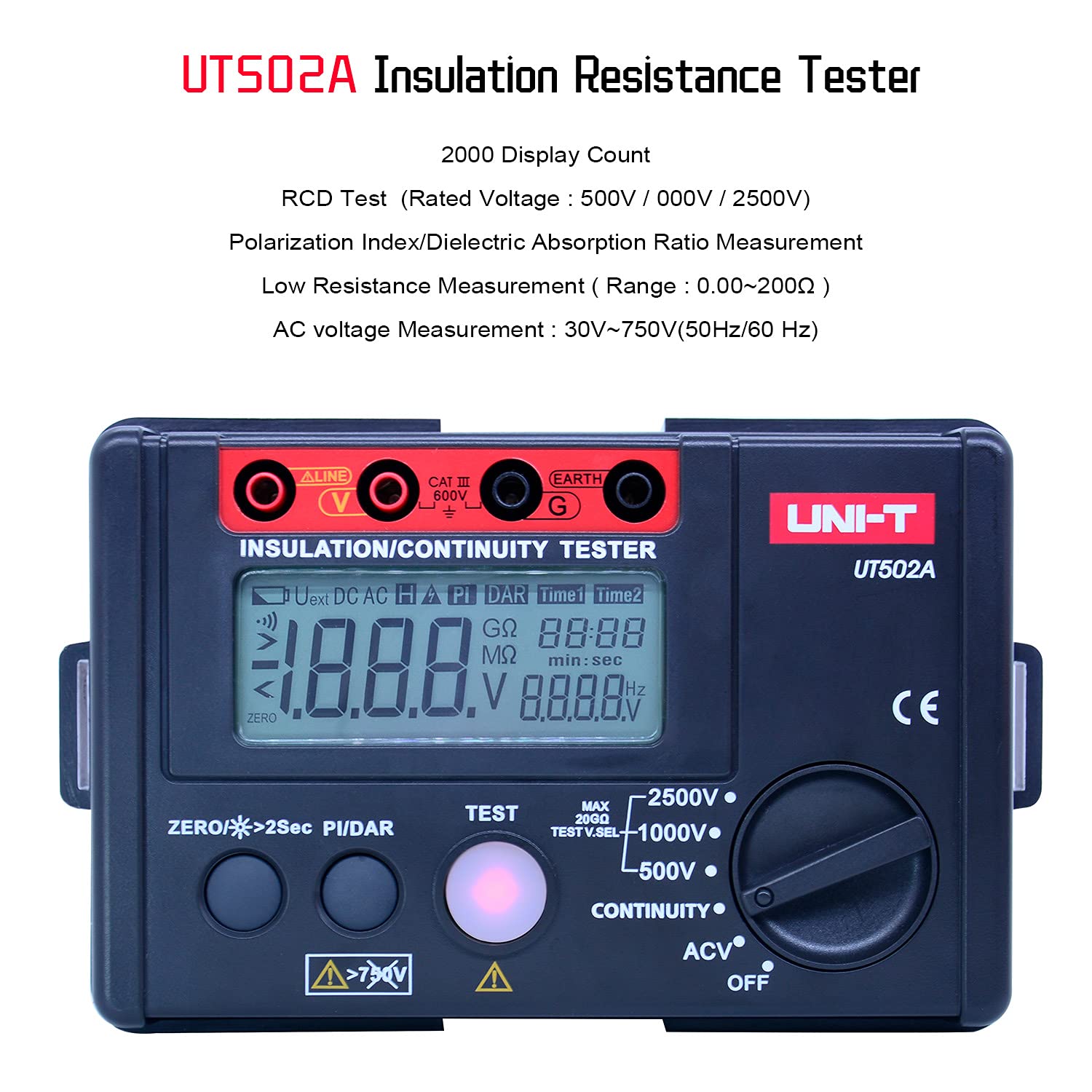 UNI-T UT502A 2500V Digital Insulation Resistance Tester - Megohmmeter with LCD Backlight, High Voltage Voltmeter & Continuity Tester for Electrical Safety Testing - Perfect for Electricians, HVAC Technicians & Industrial Maintenance