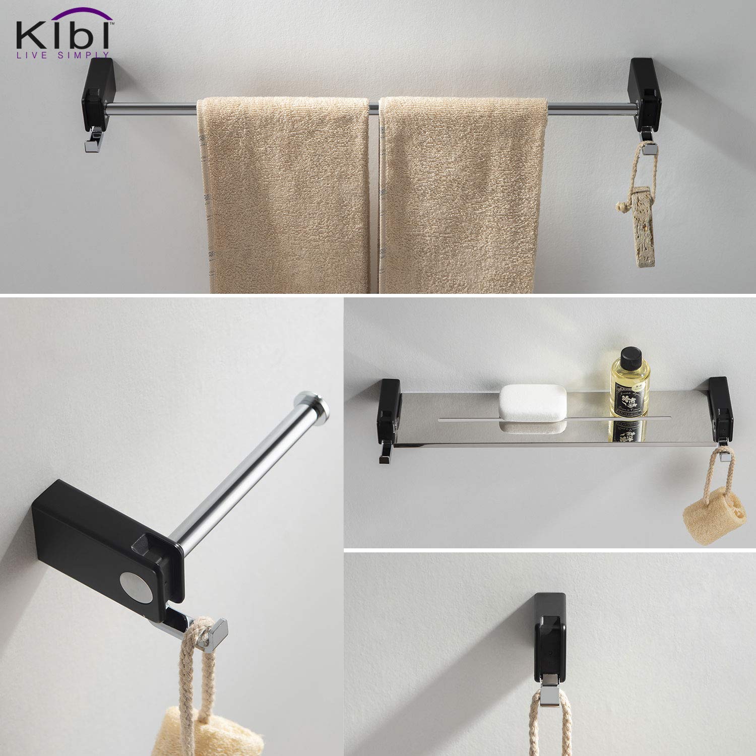 KIBI Artis 5-Piece Wall Mounted Bathroom Hardware Set - Chrome Black Finish | Modern Towel Bar, Robe Hook & Shelf Combo for Bathroom Organization & Spa-Like Decor