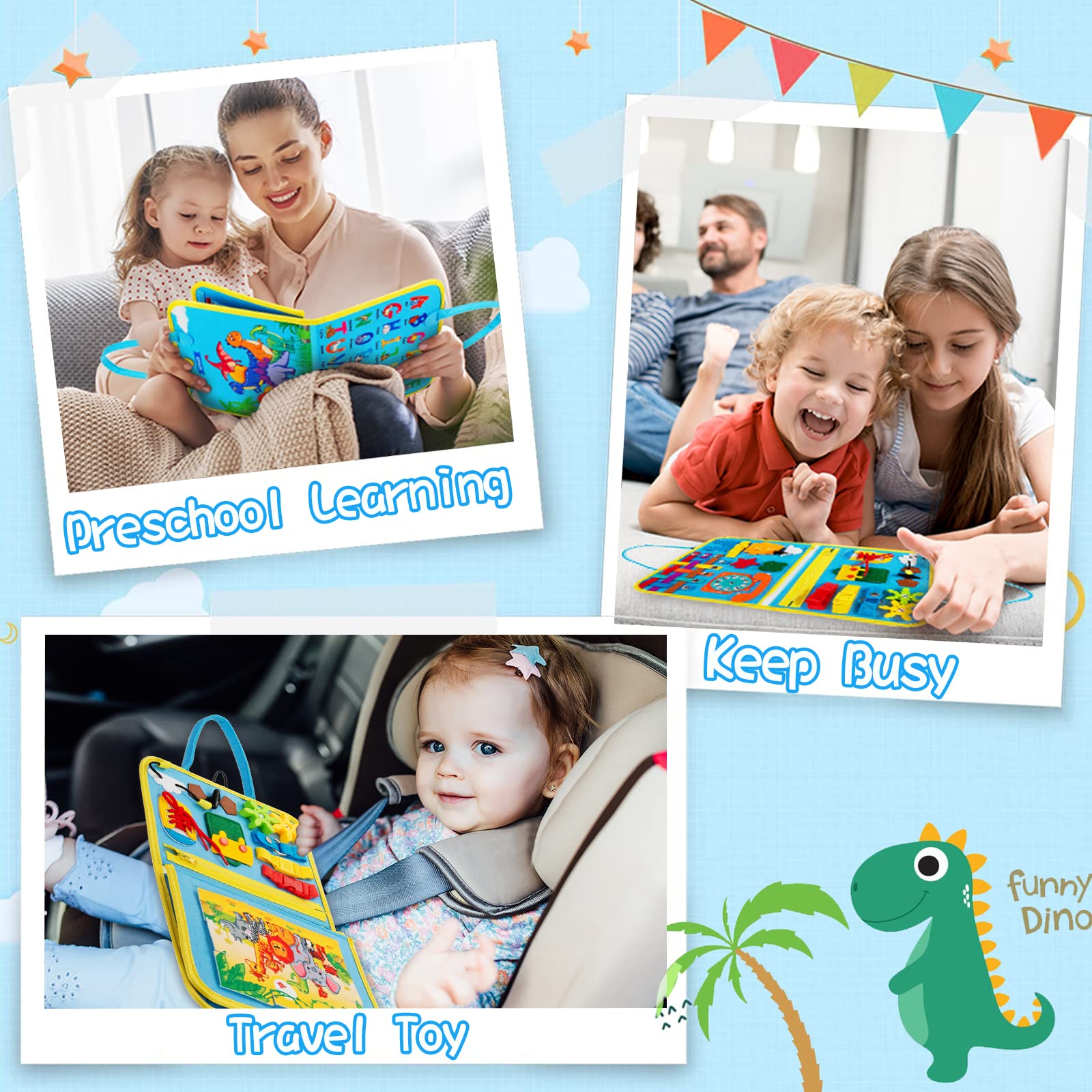 Busy Board for Toddlers 1-4 Years Old - Montessori Sensory Activity Board with Fine Motor Skills Toys | Educational Travel Toy for Boys & Girls (Blue) | Perfect for Airplane, Car Rides & Home Learning