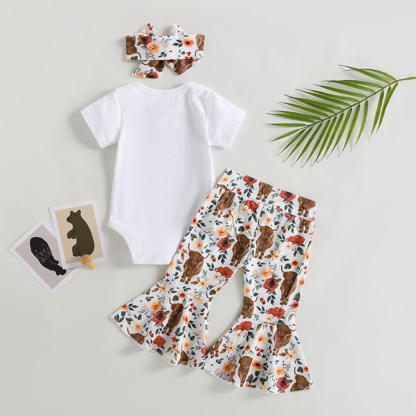 Muasaaluxi Newborn Baby Girl Outfit - Cow Print Short Sleeve Romper with Bell Bottoms & Headband | Western Style Infant Clothes for Photo Shoots, Parties & Everyday Wear