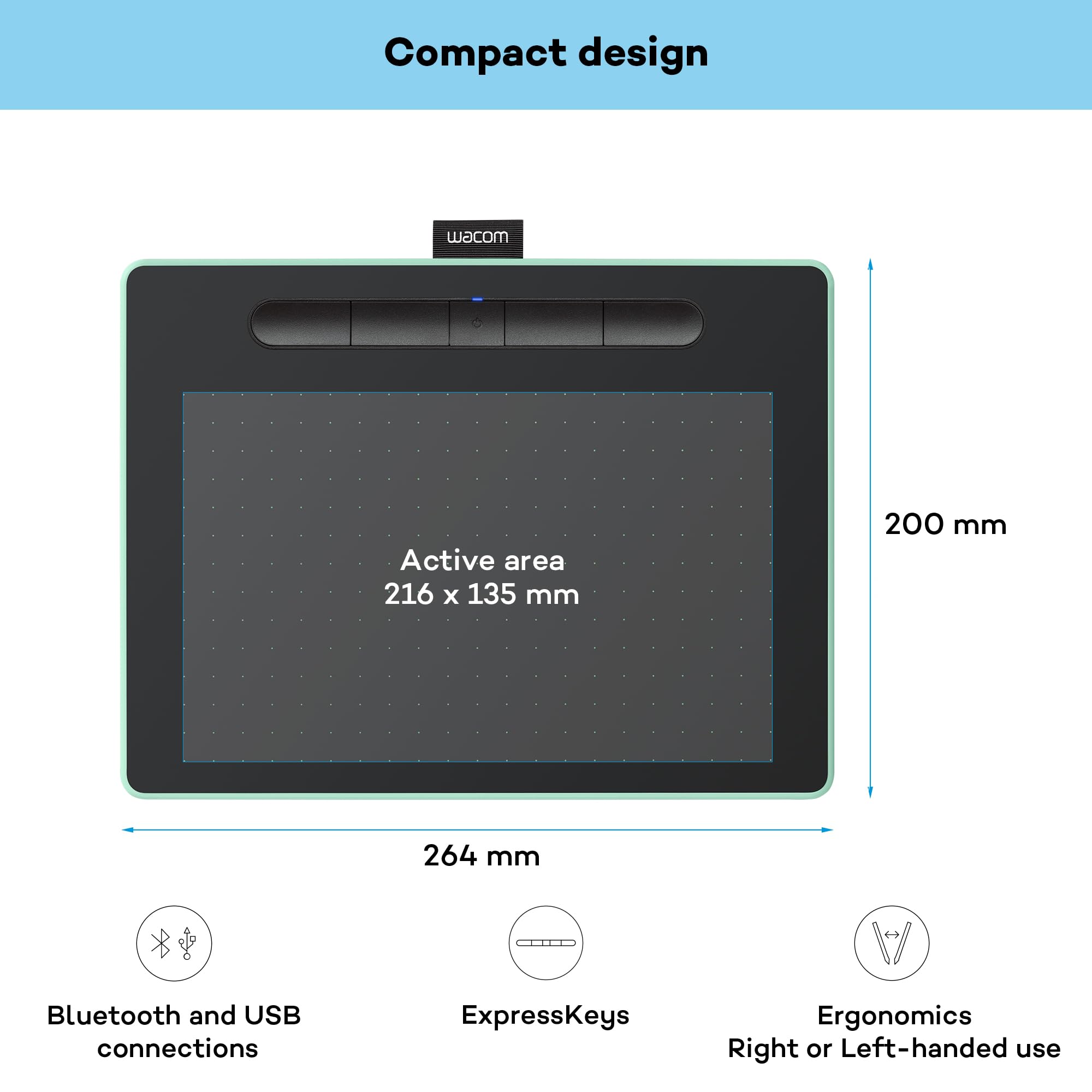 Wacom Intuos M Bluetooth Drawing Tablet - 2540 LPI Resolution, 8.5 x 5.3 Inch Active Area, USB/Bluetooth Connectivity - Black & Green - Perfect for Digital Art, Graphic Design & Online Teaching