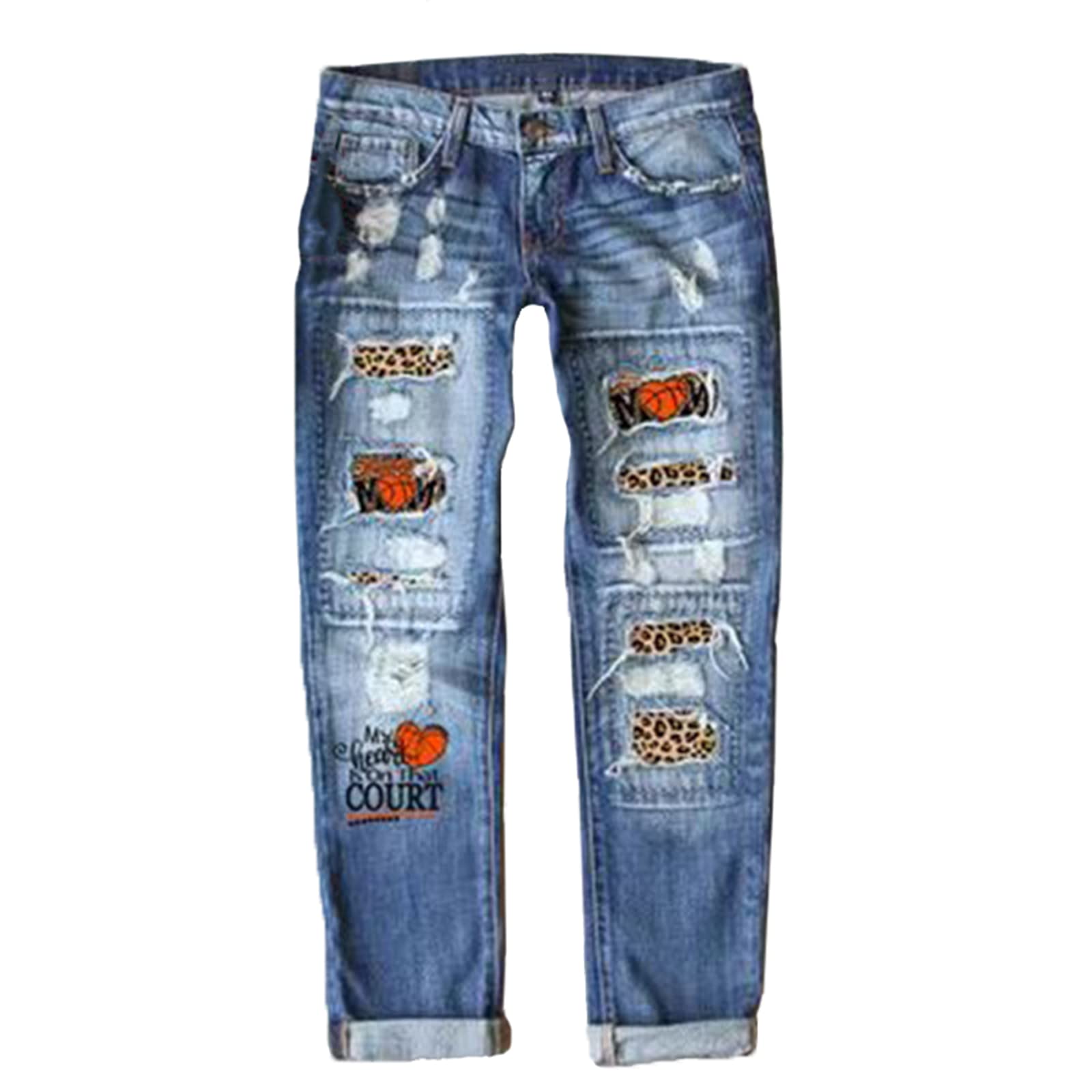 Women's Boyfriend Jeans - Ripped Distressed Denim Pants with Leopard Patch | Straight Leg Comfort Fit | Casual Wear, Street Style & Everyday Outfits