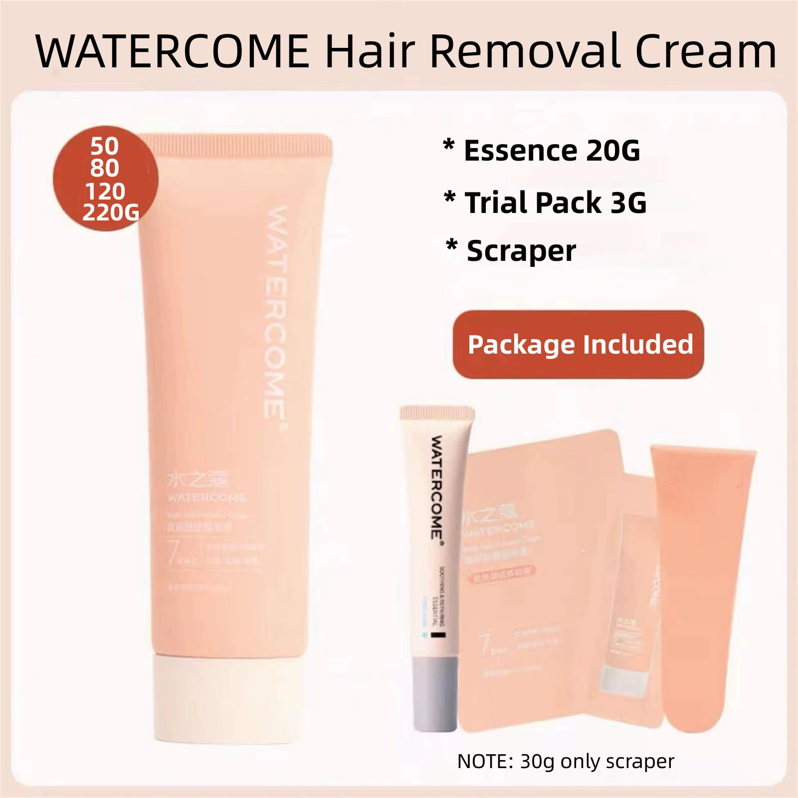 WATERCOME Hair Removal Cream for Women & Men - 30g/50g/80g/120g/220g Options - Gentle, Painless & Fast Body Hair Remover with Soothing Repair Cream (80g+20g) - Perfect for Legs, Arms, Bikini Area & Facial Hair Removal at Home