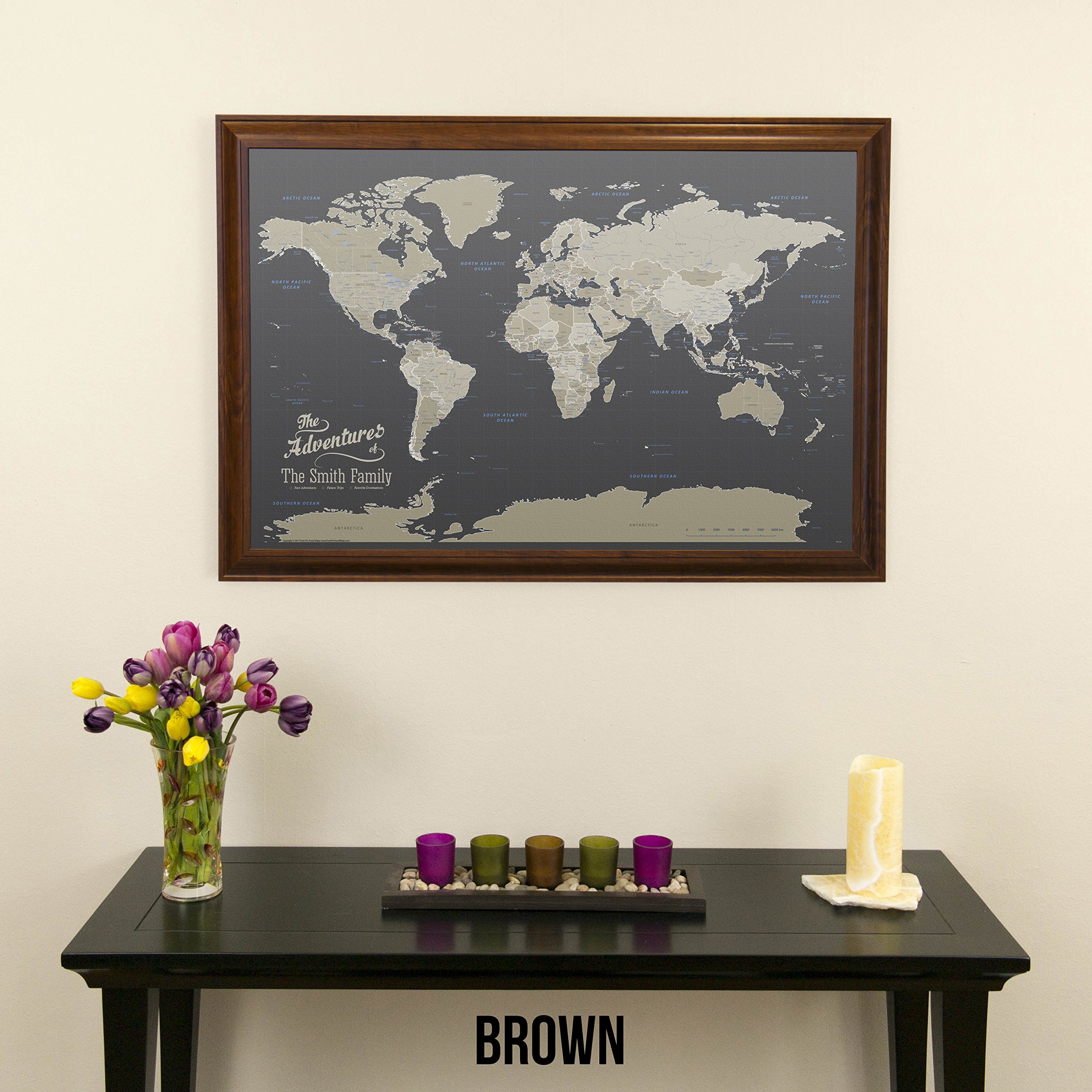 Personalized Earth-Toned World Push Pin Travel Map with Brown Frame - Custom Travel Tracker for Adventure Enthusiasts & Home Decor