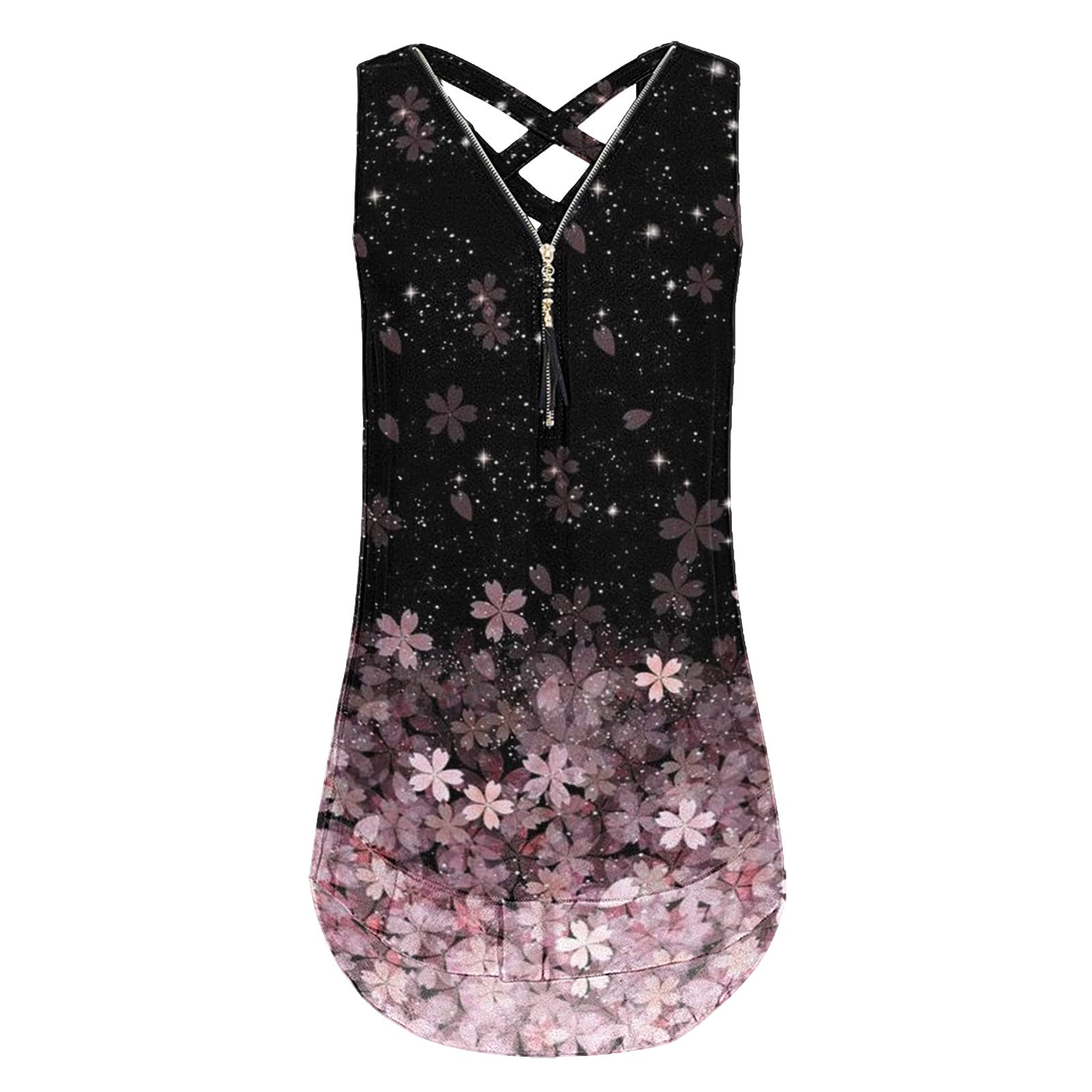 Women's Floral Print Sleeveless Tank Top - V-Neck Strappy Back Loose Fit Casual Cami Blouse with Zipper Detail (Pink, XL) | Perfect for Summer Outfits, Beach Wear & Everyday Fashion