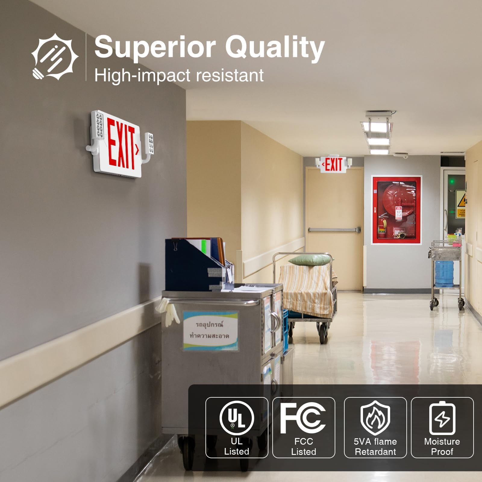 FREELICHT 6 Pack LED Double-Sided Emergency Exit Signs with Battery Backup - UL Certified, Hardwired 120/277V AC, Adjustable Brightness - Perfect for Offices, Schools, Hospitals & Commercial Buildings