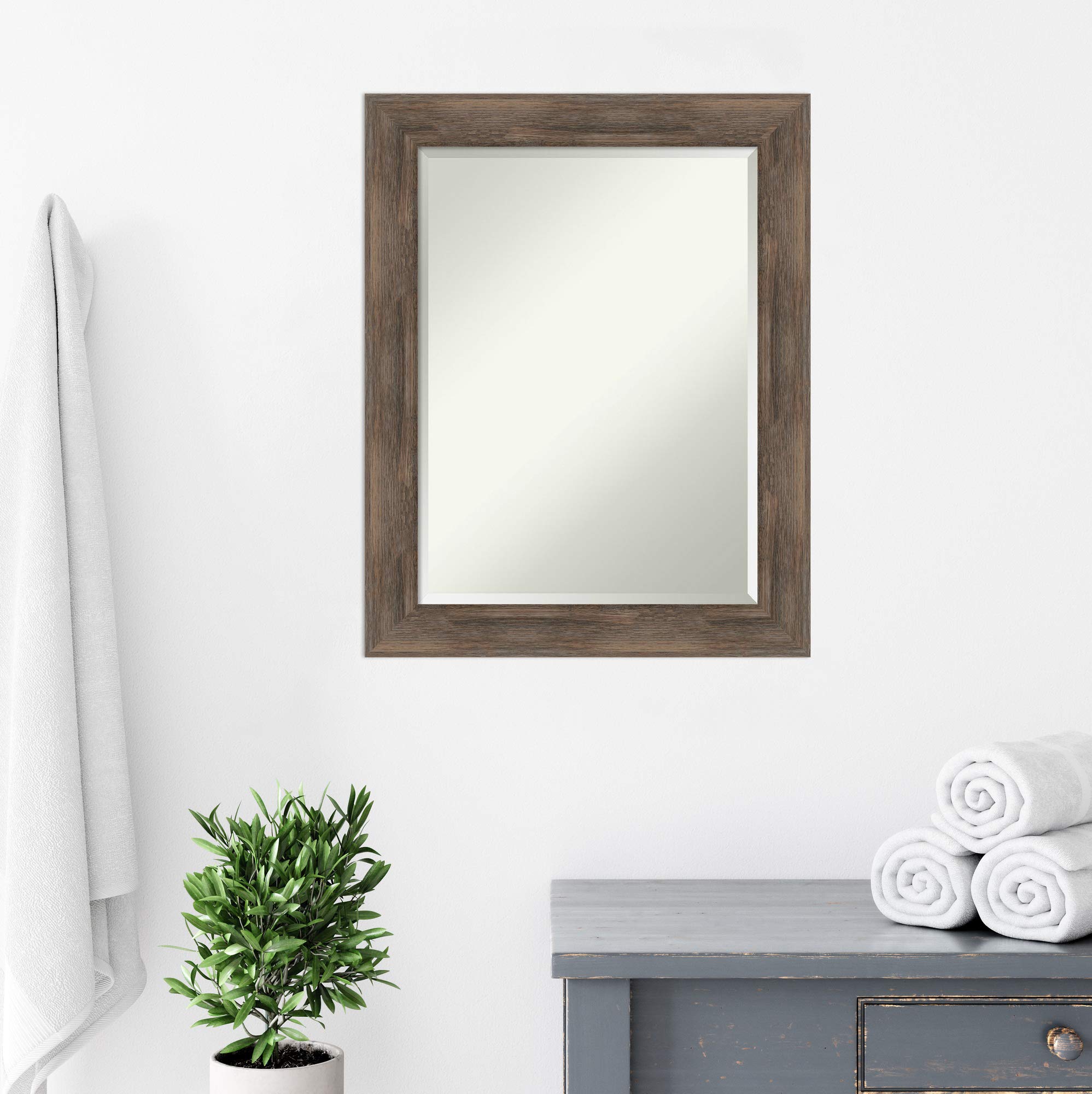 Amanti Art 29x23 Inch Brown Hardwood Mocha Rectangle Bathroom Mirror with Rustic Farmhouse Wood Frame - Horizontal or Vertical Hanging, Beveled Edge - Perfect Over Sink Vanity Mirror for Bathroom Wall Decor (Farmhouse & Modern Style)