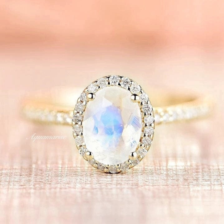 14K Solid Yellow Gold Iris Oval Moonstone Engagement Ring - Elegant Wedding & Promise Ring for Women, Perfect for Proposals, Anniversaries, and Special Occasions
