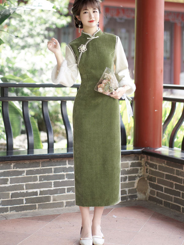 Elegant Green Chenille Winter QiPao Cheongsam Dress for Women - Vintage Chinese Style Evening Gown - Perfect for Holiday Parties, Weddings & Special Occasions