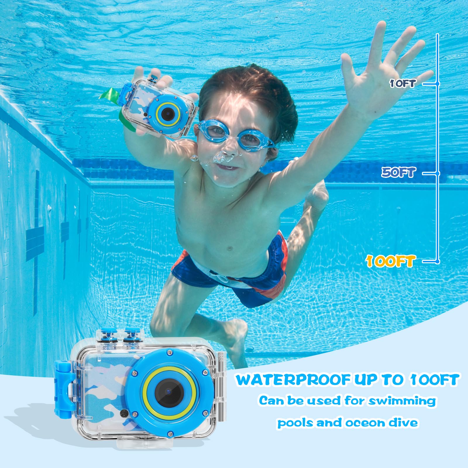 Waterproof Kids Camera for 3-8 Year Old Boys & Girls - Underwater Toddler Digital Camera with 32GB SD Card - Perfect Birthday Gift & Travel Toy for Ages 4-10 (Blue)