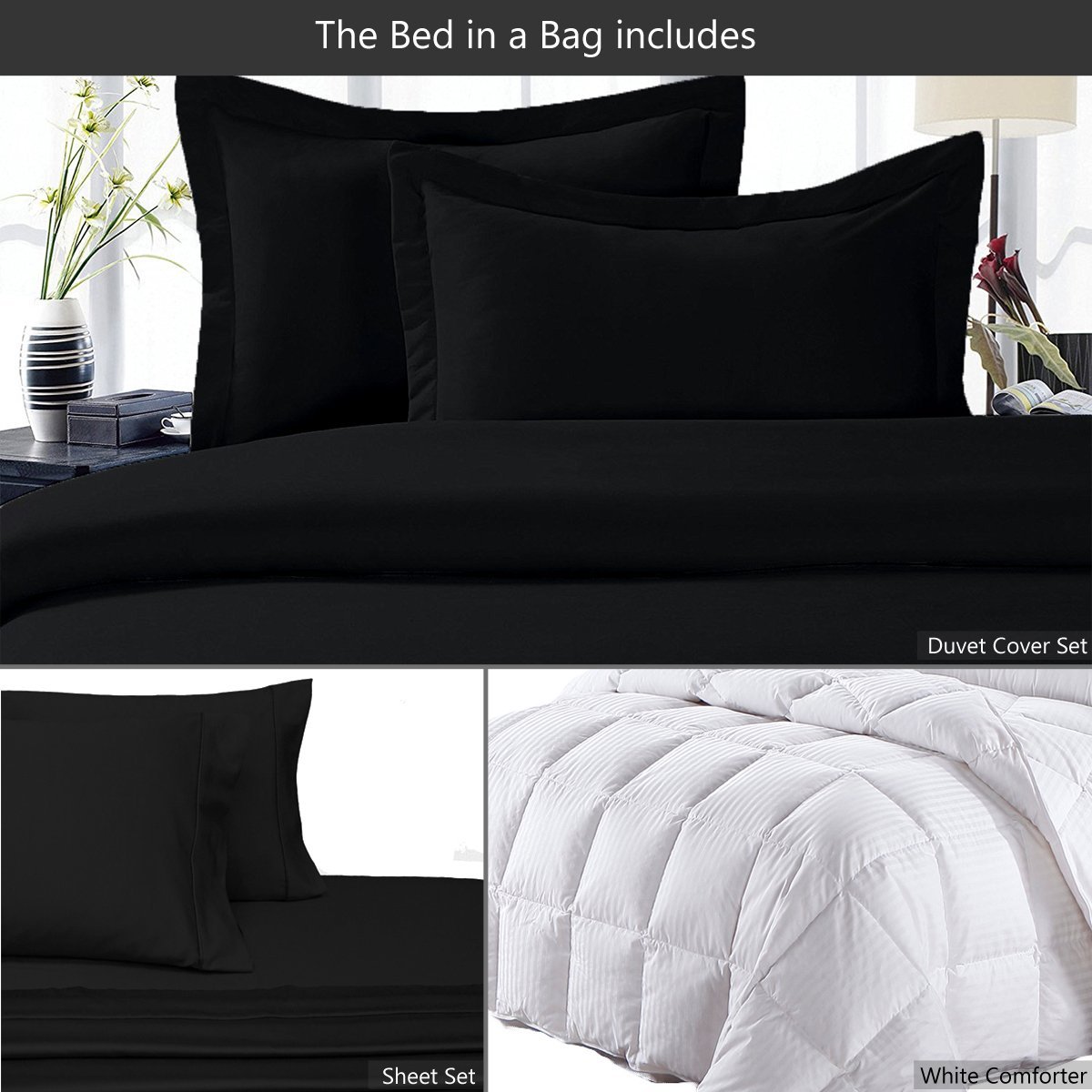 8-Piece 100% Cotton Solid Black King Size Goose Down Bedding Set - 300TC Sheet Set & Duvet Cover + All-Season White Striped Goose Down Comforter (600 Fill Power) | Luxury Hotel-Style Bedroom Upgrade for Ultimate Comfort