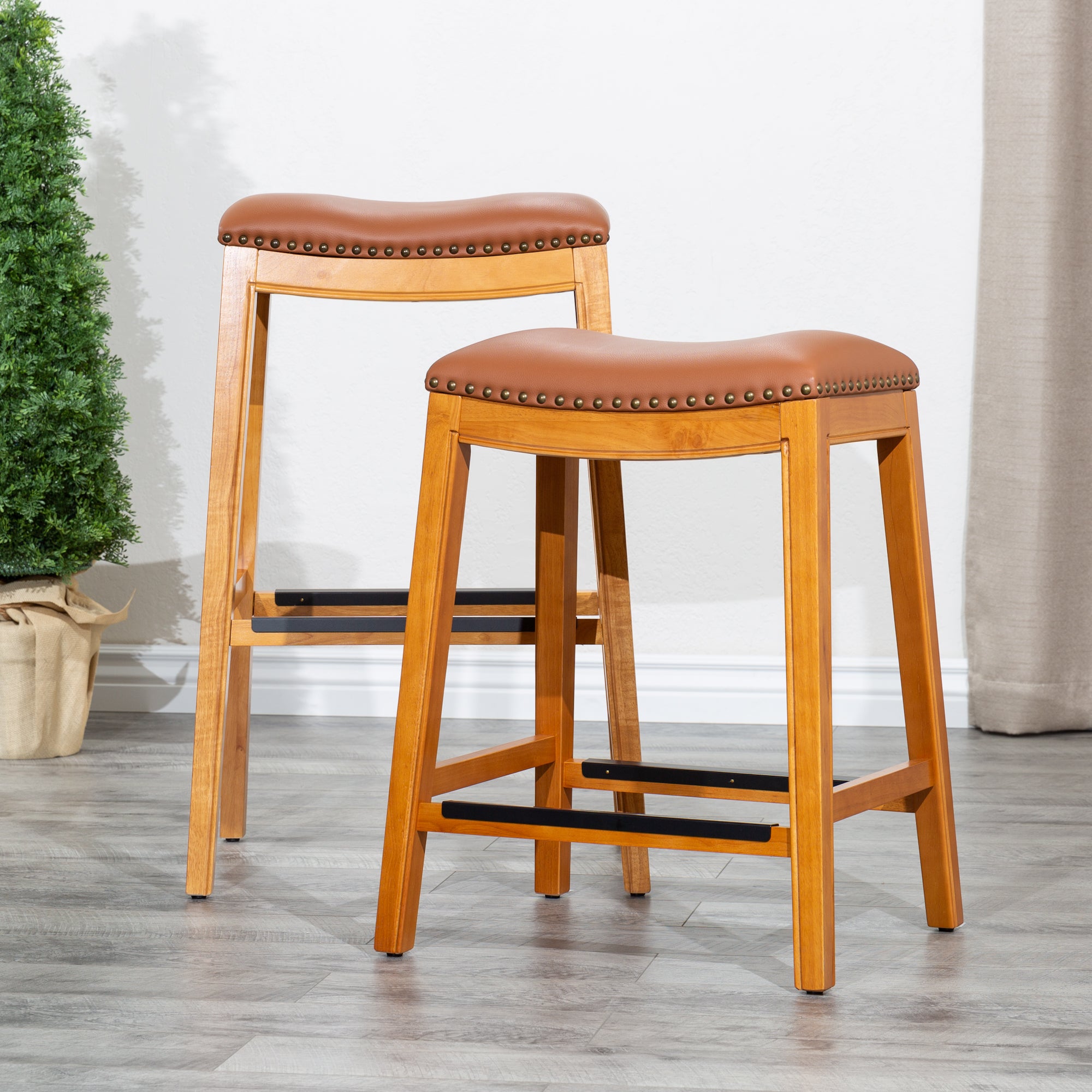 24 Inch Counter Stool with Saddle Leather Seat - Natural Wood Finish Bar Stool for Kitchen Island, Breakfast Nook & Home Bar Decor