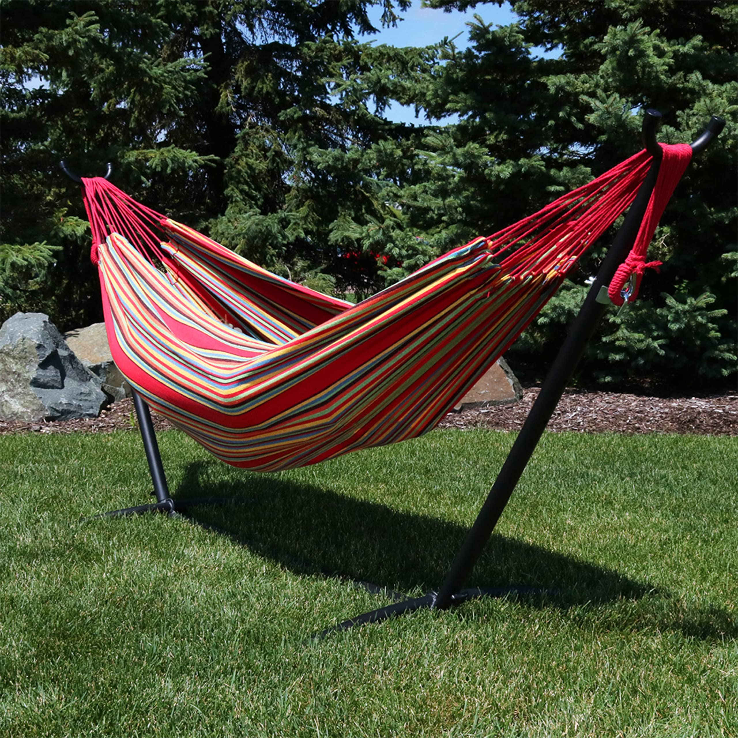Premium Double Brazilian Hammock with Stand - 400lb Weight Capacity - Includes Carrying Case - Black Steel Frame - Sunset Design - Perfect for Backyard, Patio, Beach & Camping Relaxation