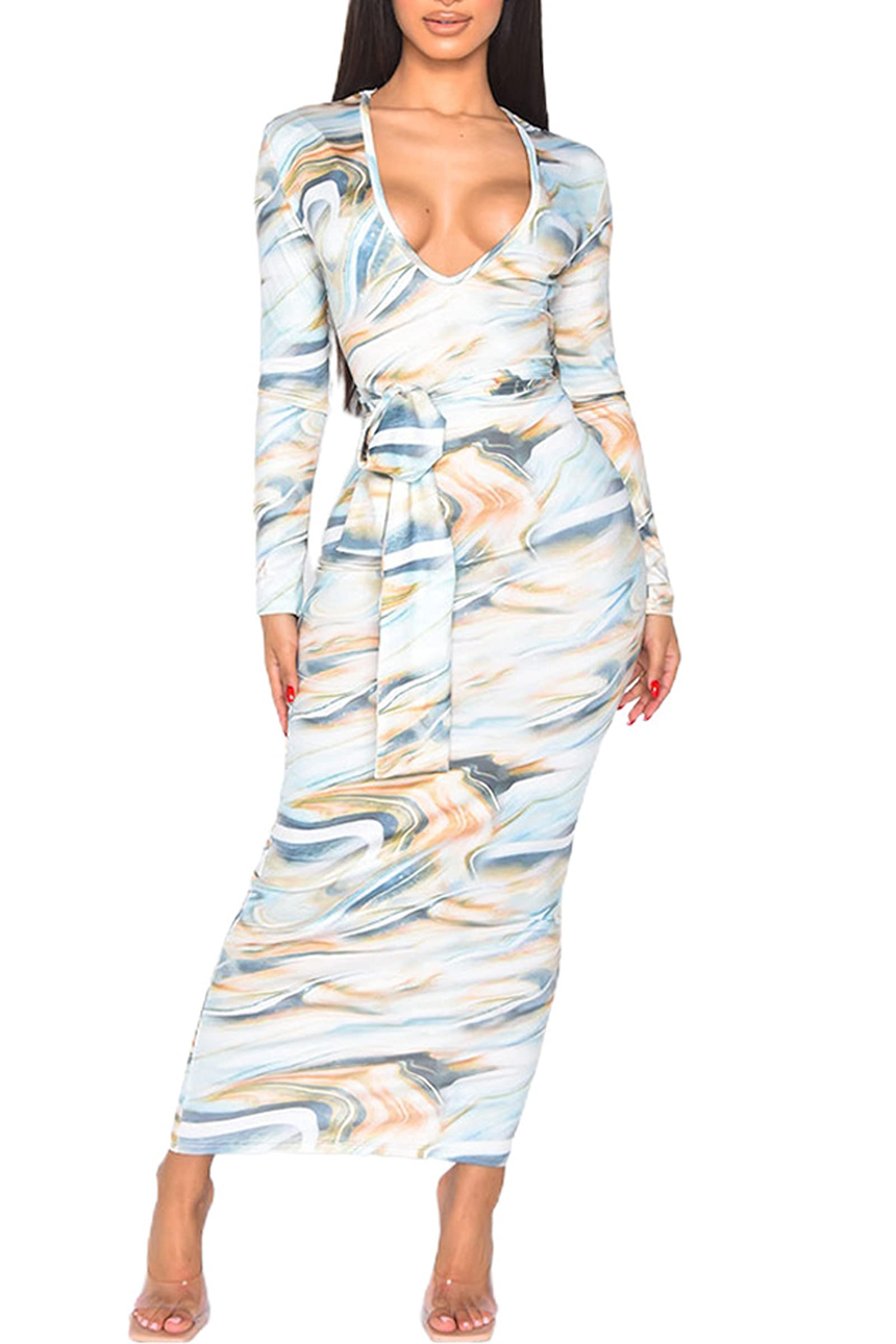 Kafiloe Women's Sexy V-Neck Bodycon Maxi Dress - Long Sleeve Tie Dye Party & Club Wear for Night Out, Date Night, and Special Occasions
