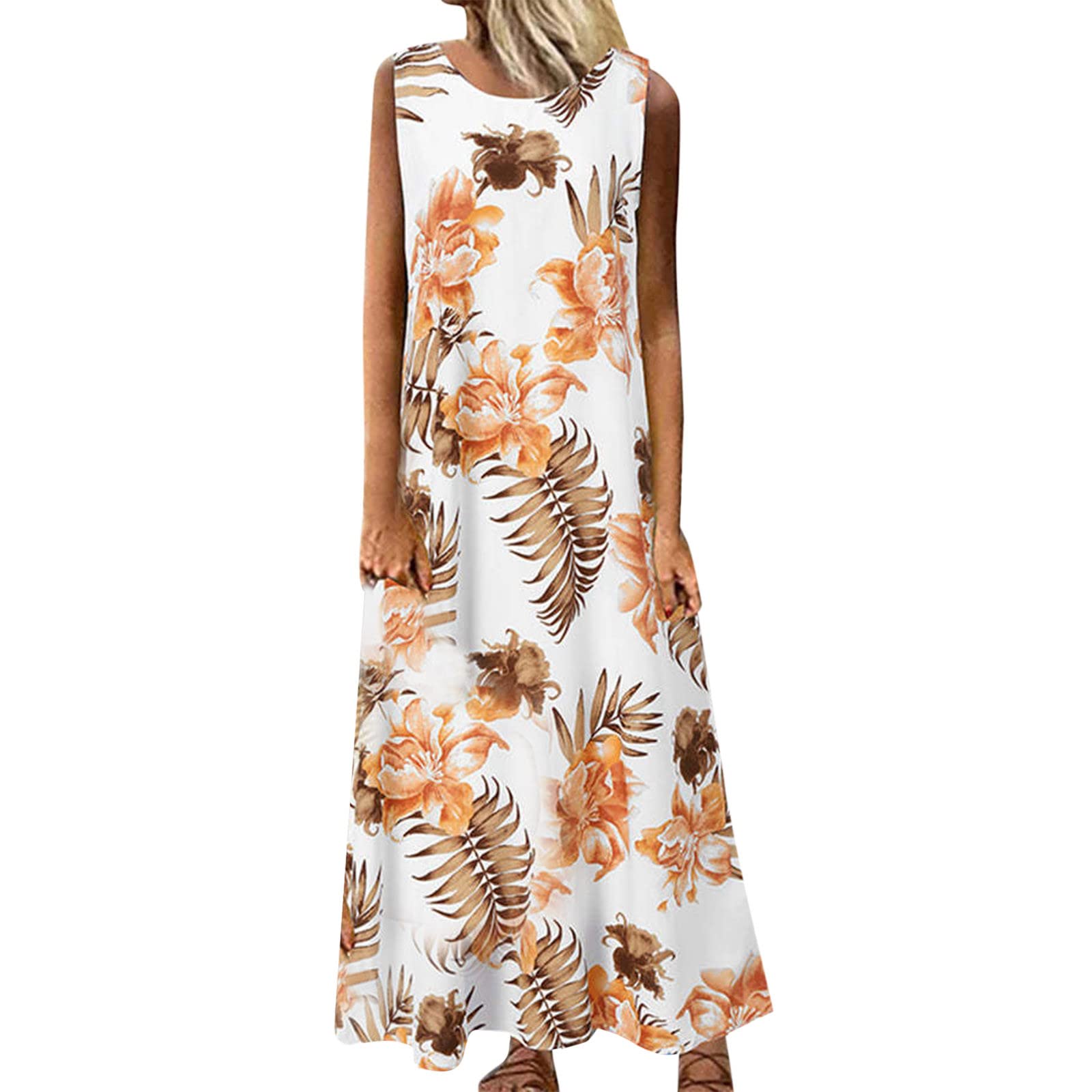 BIBOKAOKE Women's Summer Sleeveless Floral Print Loose Maxi Dress - Casual Long Beach Dress in White - Plus Size Boho Dresses for Women | Perfect for Beach Vacation, Outdoor Parties & Summer Getaways
