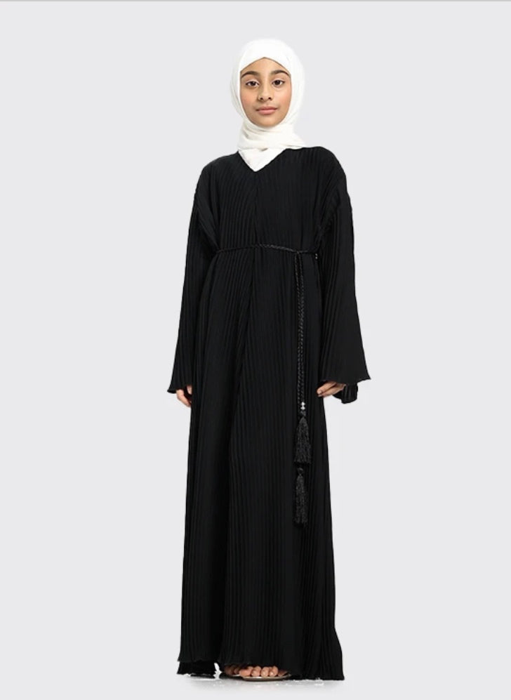 Elegant Black Pleated Girls Abaya with Rope - Modest Islamic Dress for School, Prayer & Special Occasions