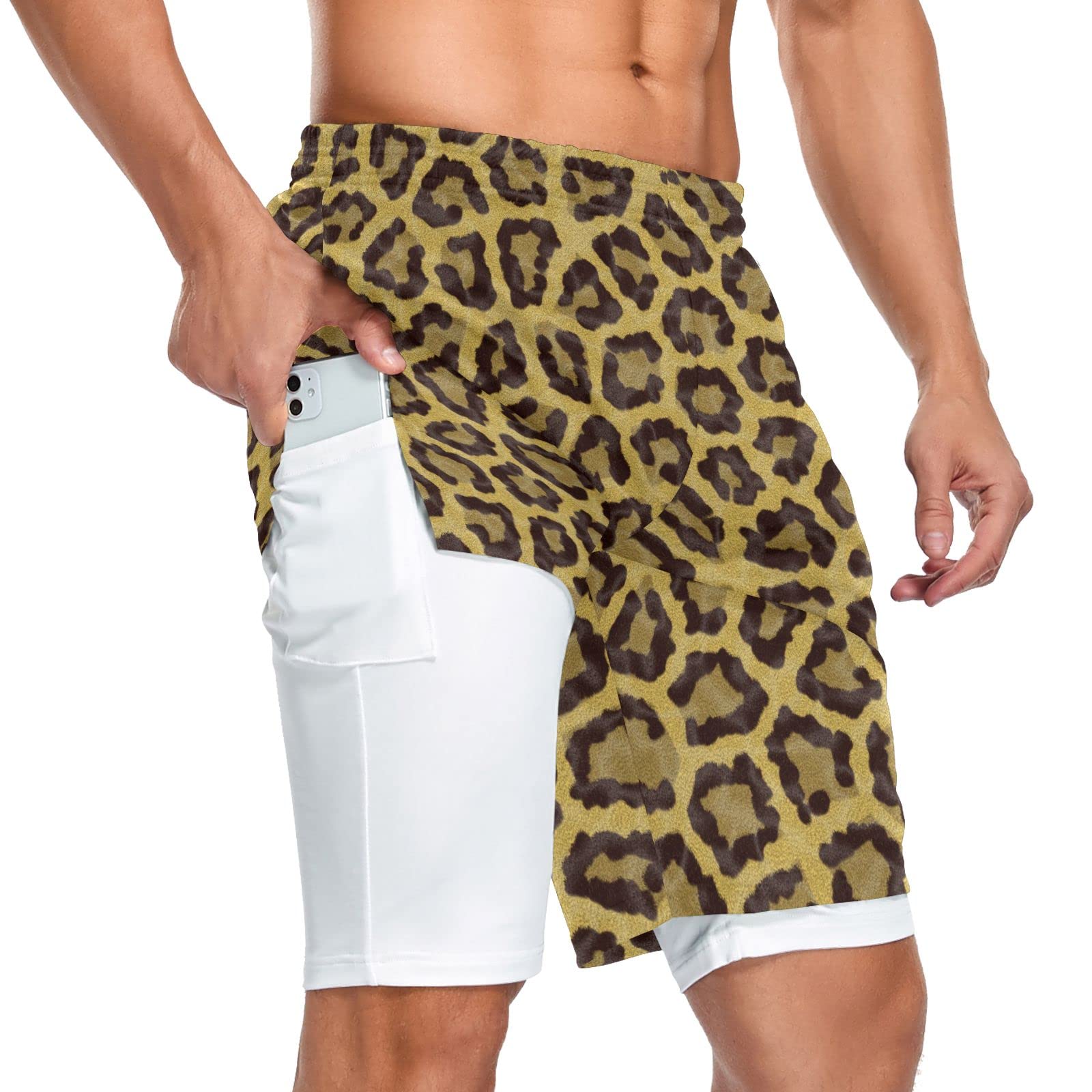 JHKKU Men's 2-in-1 Running Shorts with Pockets - Quick Dry Athletic Workout Shorts, Leopard Print Gym Shorts with Towel Loop for Jogging, Training & Outdoor Sports
