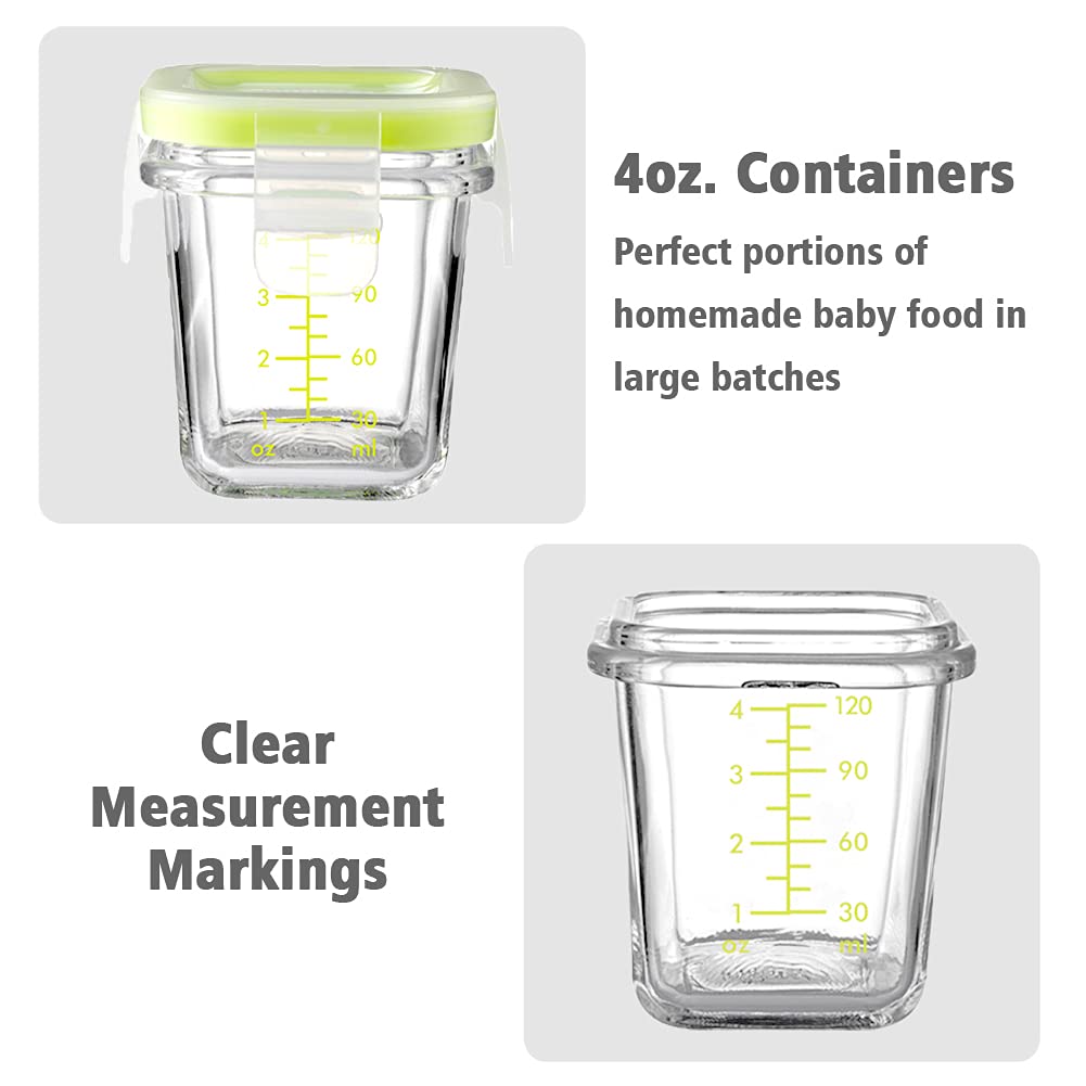 Matyz 4-Pack 4oz Baby Food Storage Glass Jars with Airtight Lids & Stackable Tray - BPA-Free Microwave & Freezer Safe Containers for Homemade Purees - Perfect for Travel, Daycare & On-the-Go Feeding (Mint Green)
