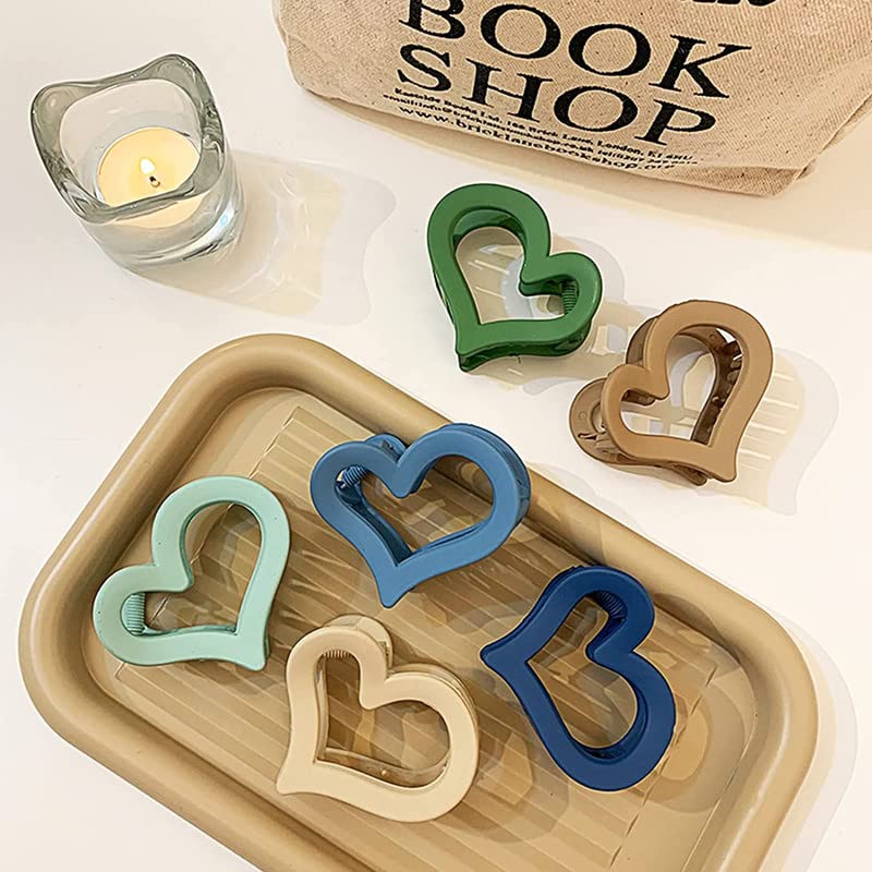 RECTYO GALLERY 6-Piece Heart Hair Claw Clips Set - Matte Finish Barrettes & Jaw Clips for Women & Girls - Perfect for Thick & Thin Hair - Great for School, Work, Parties & Everyday Styling
