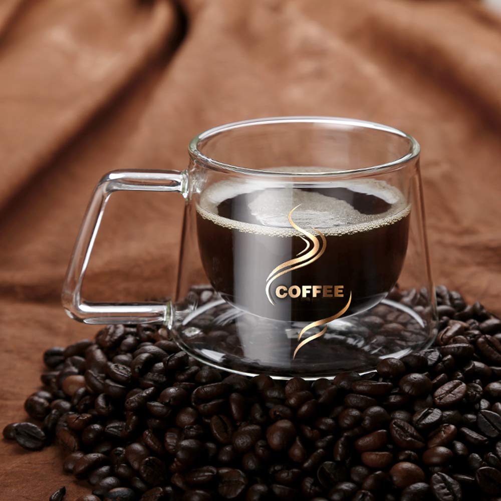 Double Wall Insulated Glass Coffee Mug with Handle - 4oz Clear Heat Resistant Cup for Hot & Cold Drinks - Dishwasher Safe for Tea, Milk, Latte, Espresso, Cappuccino, Juice & Iced Beverages - Perfect for Home, Office & Cafe Use
