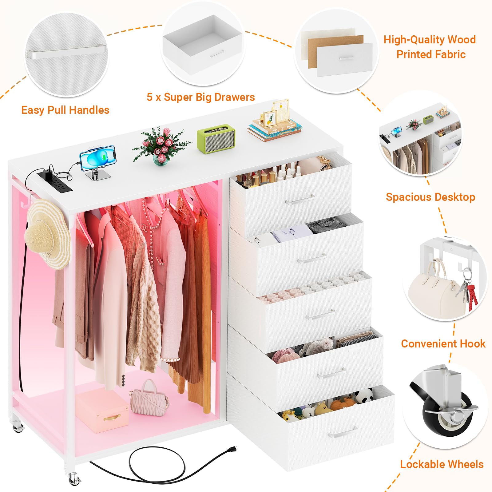 Cyclysio 5-Drawer Dresser with Clothes Rack, Charging Station & LED Lights - White Wooden Top Storage Chest with Lockable Wheels - Perfect for Bedroom, Closet, and Small Space Organization