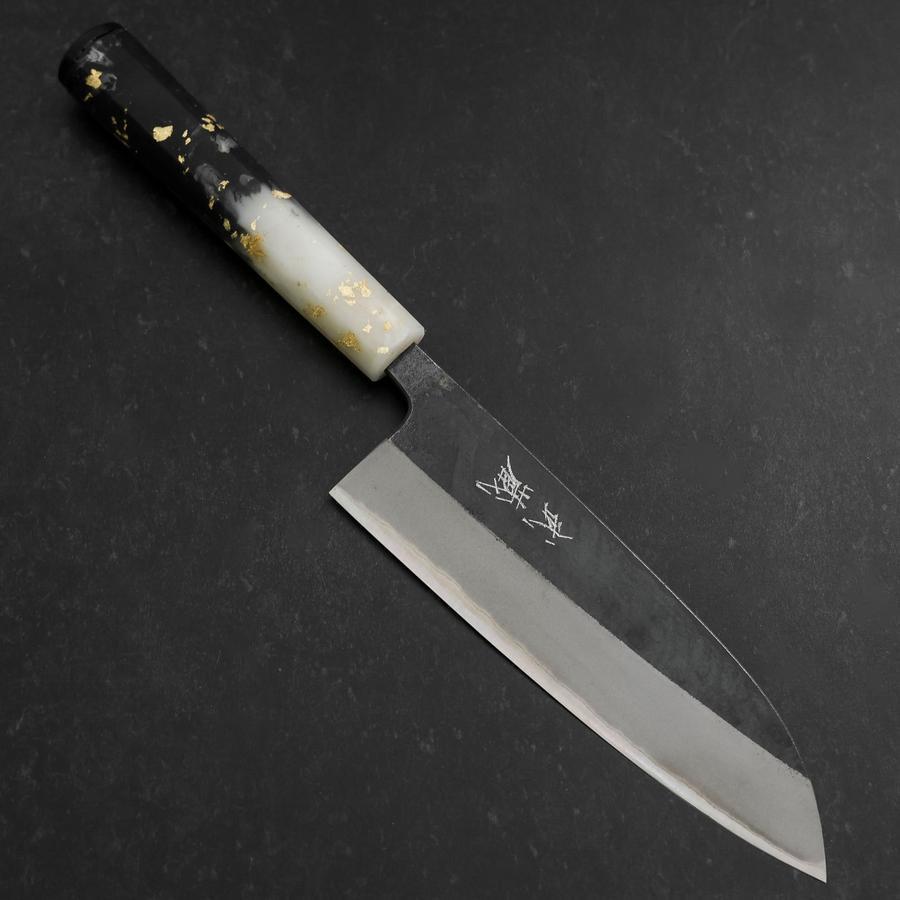 Premium Santoku Knife - Blue Steel #2 Kurouchi Finish with Ocean Black & White Gold Handle - 165mm Japanese Chef Knife for Slicing, Dicing, and Chopping Vegetables, Meat, and Fish - Perfect for Home Cooks and Professional Chefs