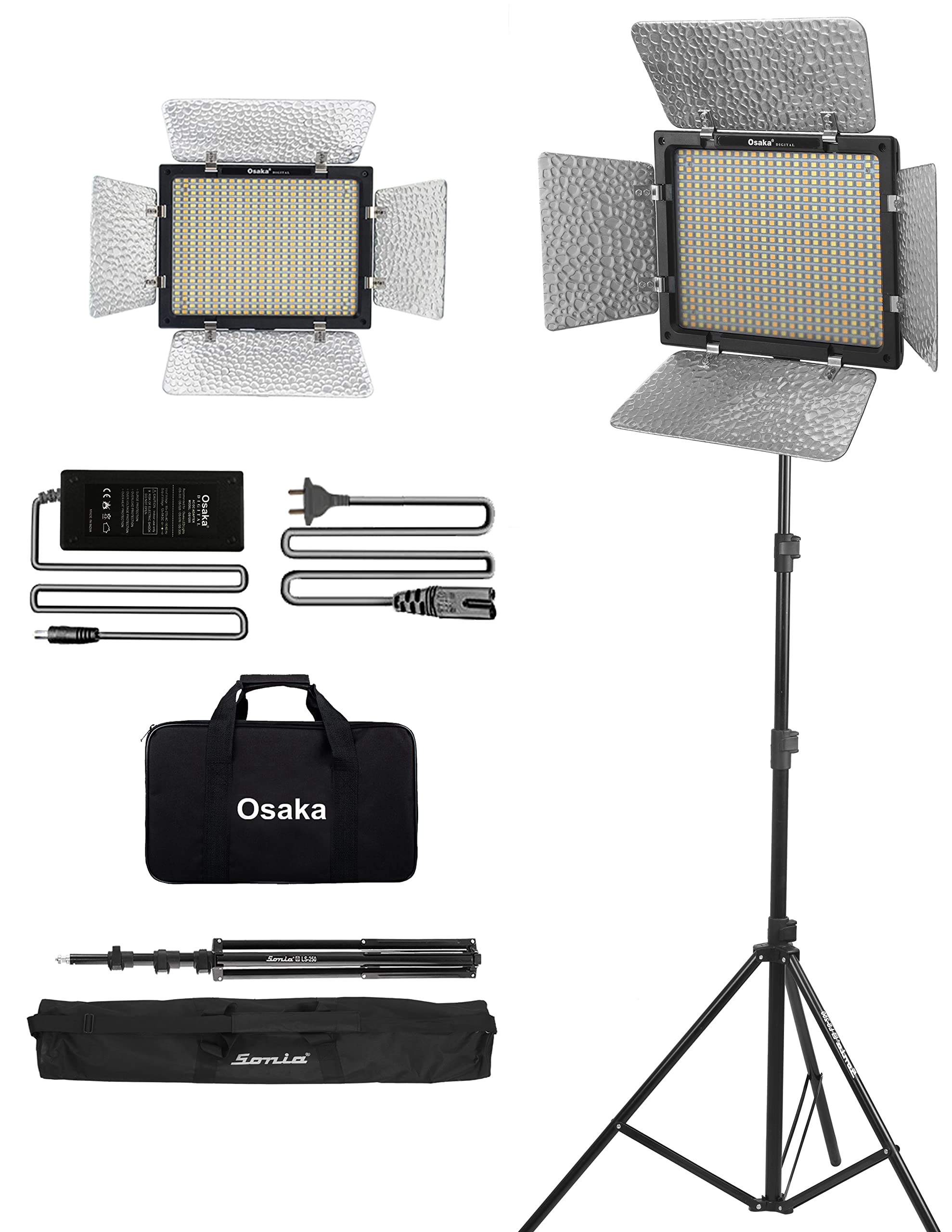 Osaka Bi-Color Dimmable LED Video Light Kit - 576 LED Panel with AC/DC Adapter, 9ft Light Stand & Carrying Bags for DSLR, Camcorder, YouTube, TikTok & Studio Photography
