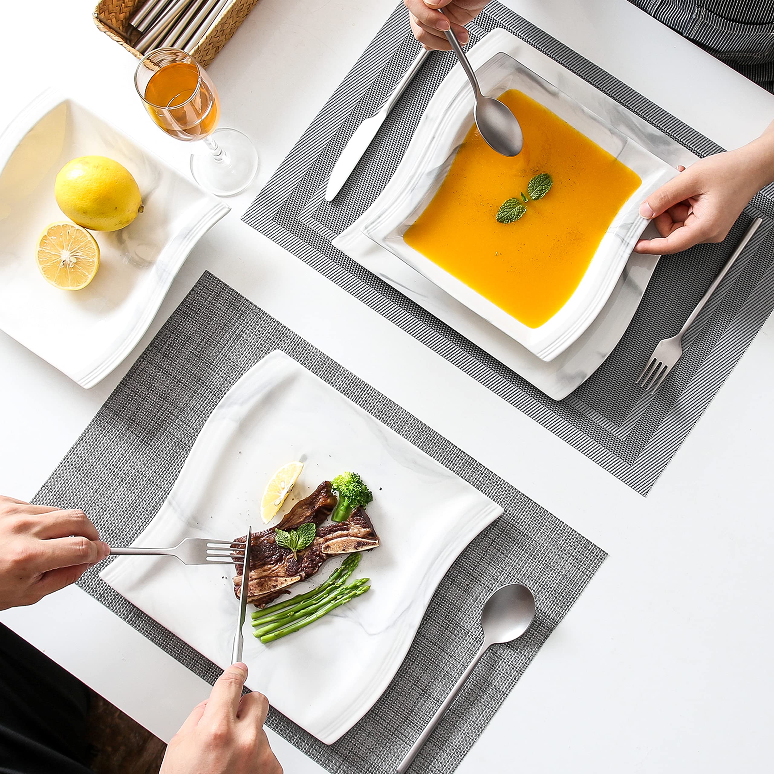 MALACASA 12-Piece Porcelain Dinnerware Set for 6 - Square Marble Plates & Bowls, Modern Dining Ware Collection (Flora Series) - Perfect for Family Dinners, Restaurants, and Stylish Home Entertaining
