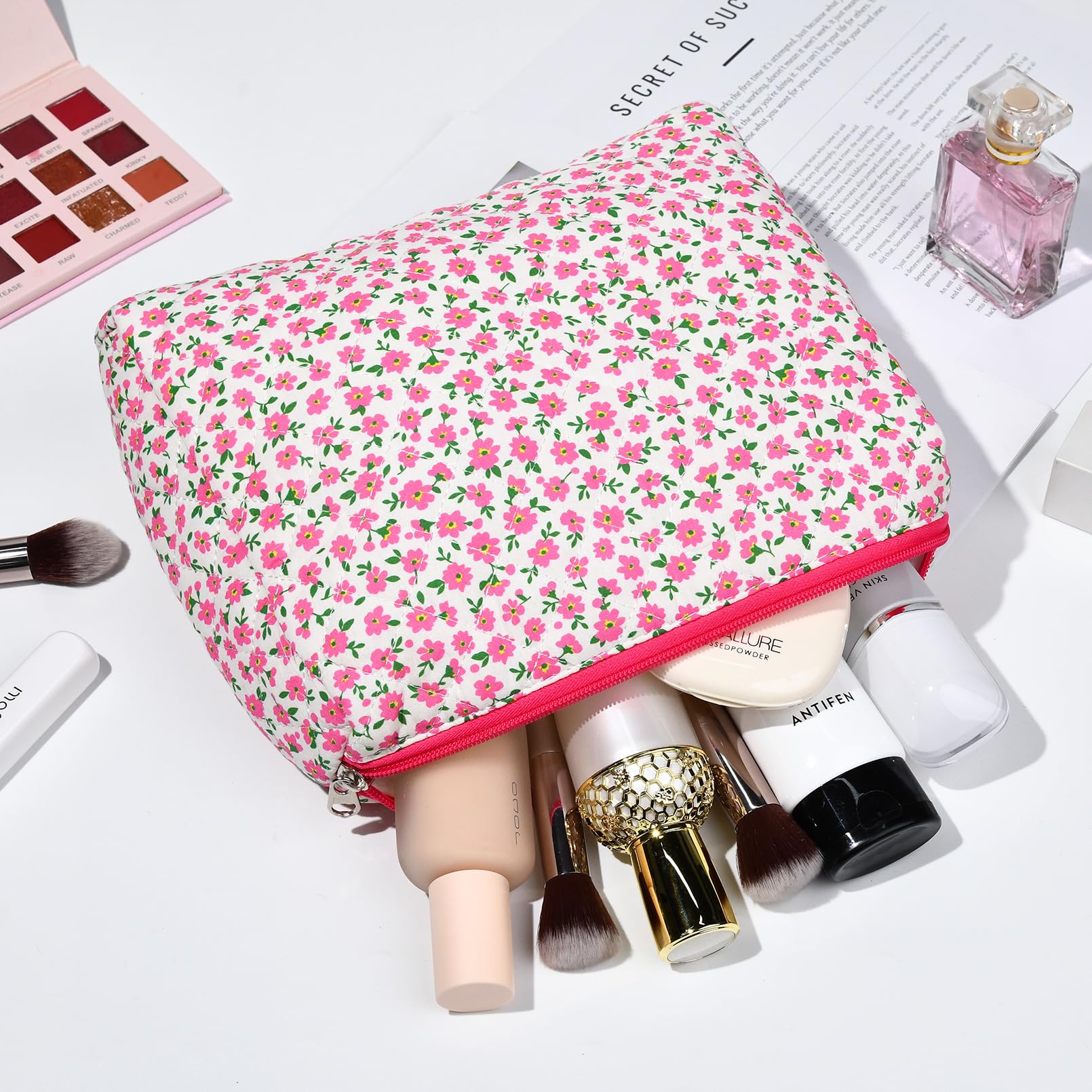 2 Pack Floral Quilted Makeup Bags for Women - Large Cotton Cosmetic Pouch, Travel Toiletry Organizer, Cute Aesthetic Puffer Bag for Girls (Perfect for Travel, Gym, Daily Use & Gift)