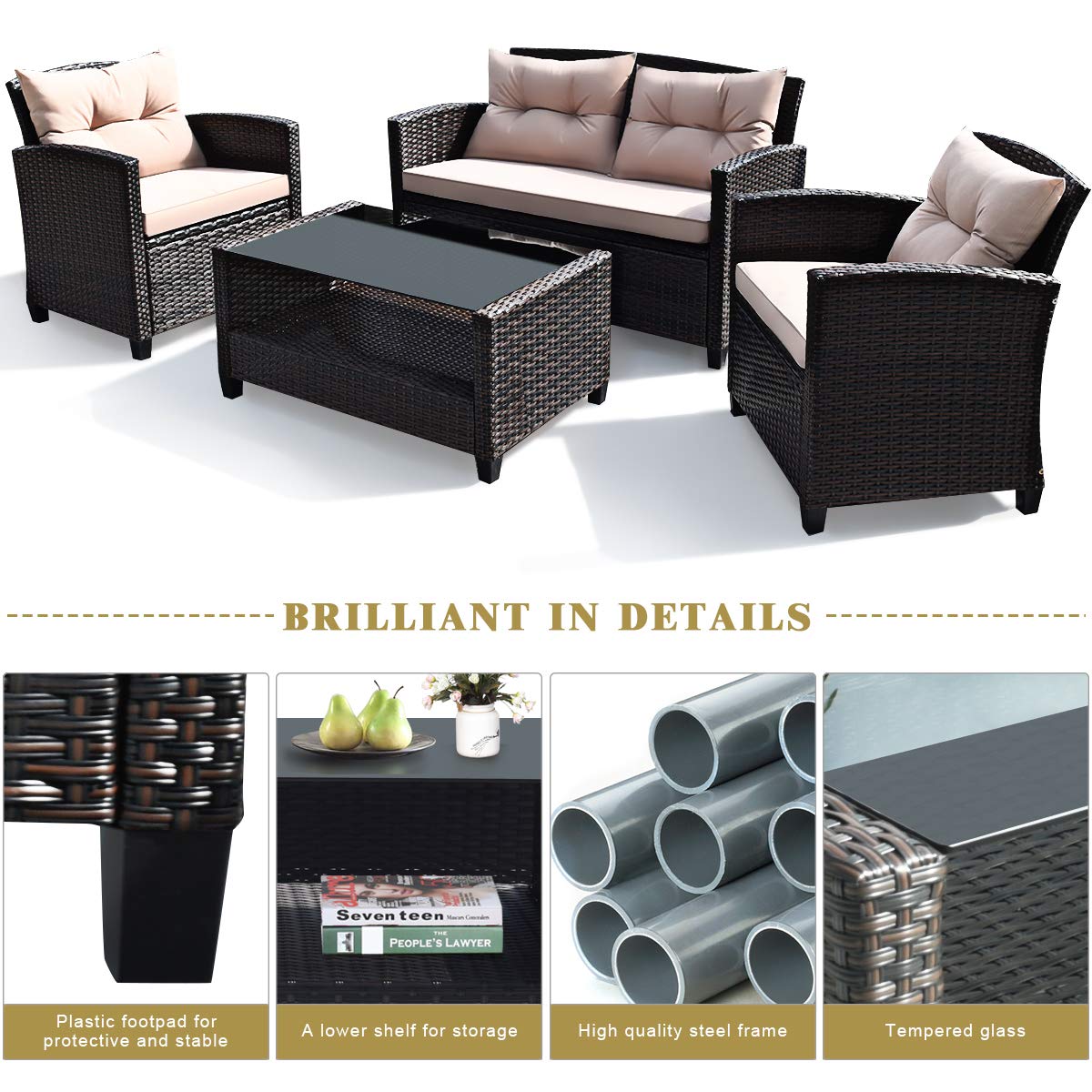 HAPPYGRILL 4-Piece Rattan Wicker Patio Conversation Set with Loveseat, 2 Chairs & Coffee Table - Outdoor Indoor Furniture for Backyard, Porch, Garden, Poolside, Balcony - Perfect for Relaxing, Entertaining & Lounging