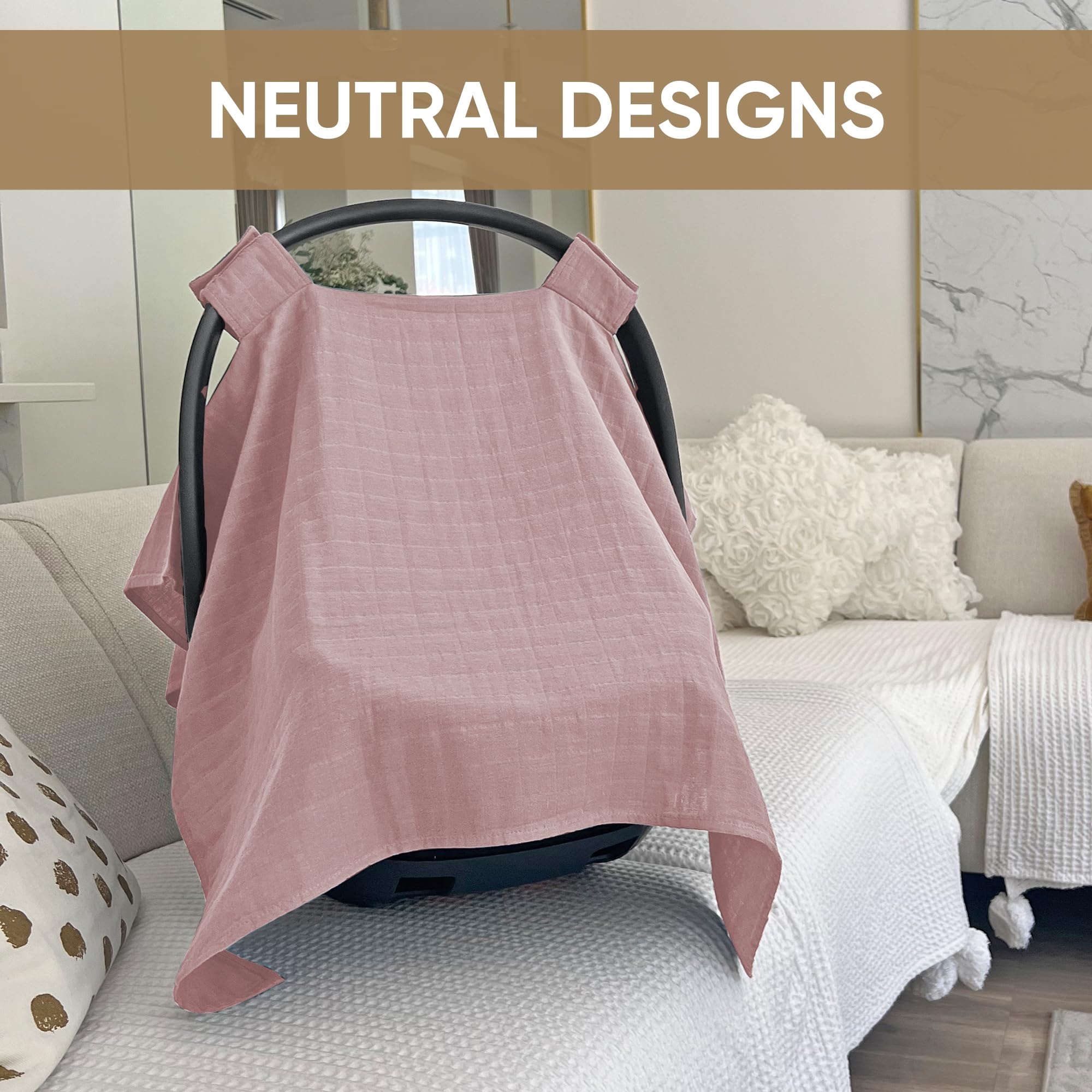 MOZAH 100% Organic Muslin Baby Car Seat Cover - Breathable, Soft & Lightweight Car Seat Canopy for Infant Girls (Pale Mauve) | Perfect for Strollers, Shopping Carts & Outdoor Protection