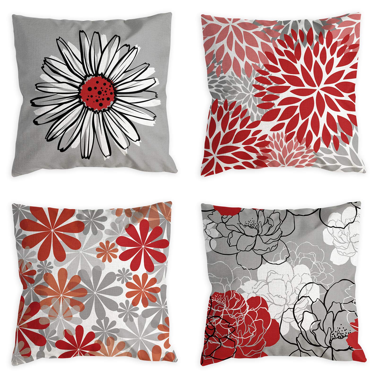 COLORPAPA 20x20 Inch Decorative Throw Pillow Covers Set of 4 - Black, Red, Grey & Burgundy Modern Daisy Print Cushion Cases for Couch, Living Room, Bed & Outdoor Home Decor | Perfect for Sofa Styling, Accent Pillows & Seasonal Home Décor