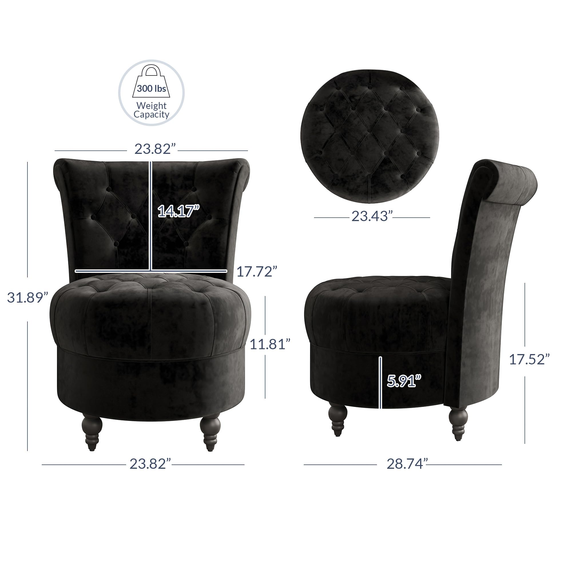 BELLEZE Throne Royal Accent Chair - Luxurious Button-Tufted Velvet Upholstery, Low Back Armless Design with Thick Padding & Sturdy Rubberwood Legs - Perfect for Living Room, Bedroom or Office Decor (Black, Malik Style)