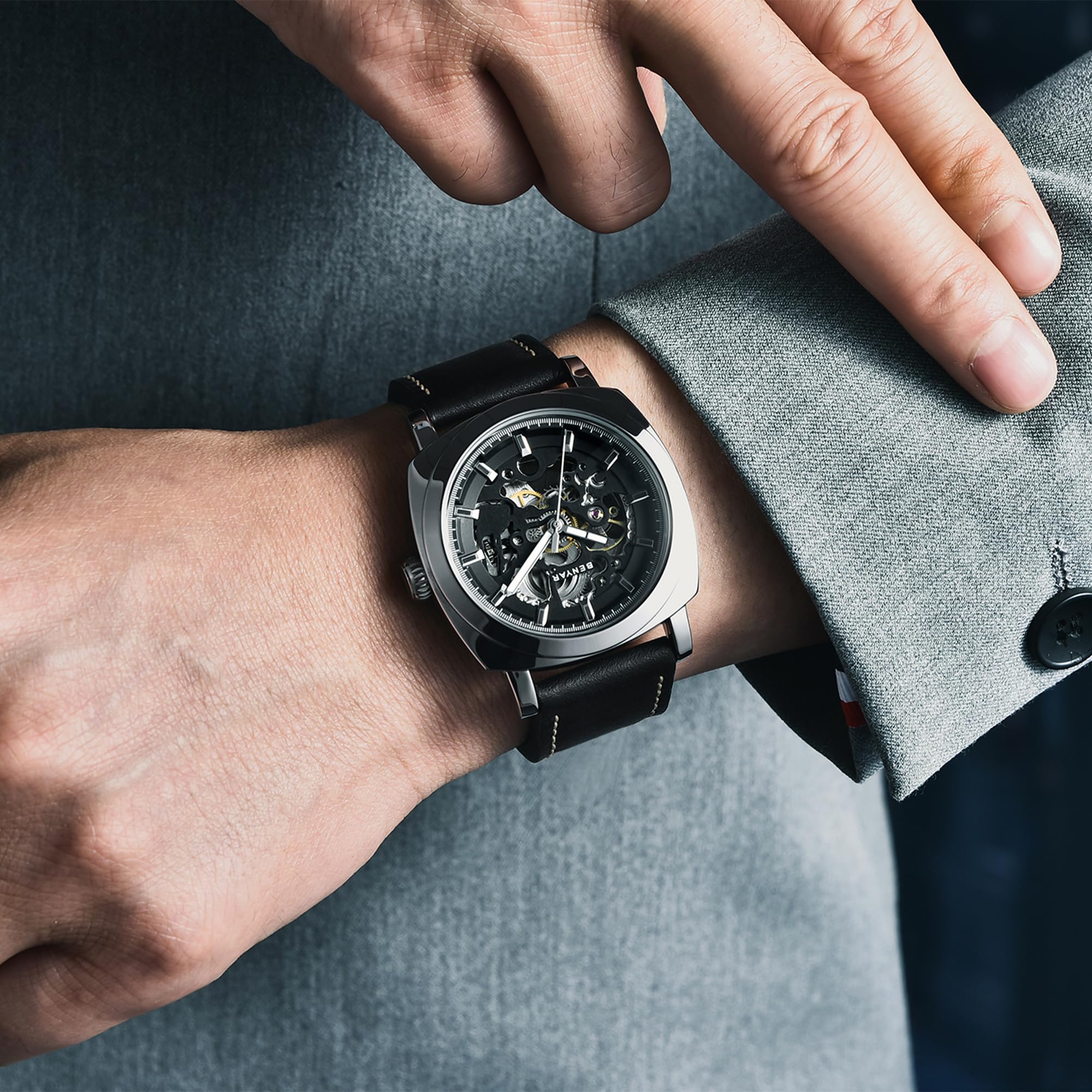 Benyar Automatic Skeleton Watch for Men - 45mm Stainless Steel Case, Genuine Leather Strap, 30M Waterproof Mechanical Watch - Perfect for Business, Formal Occasions & Everyday Wear