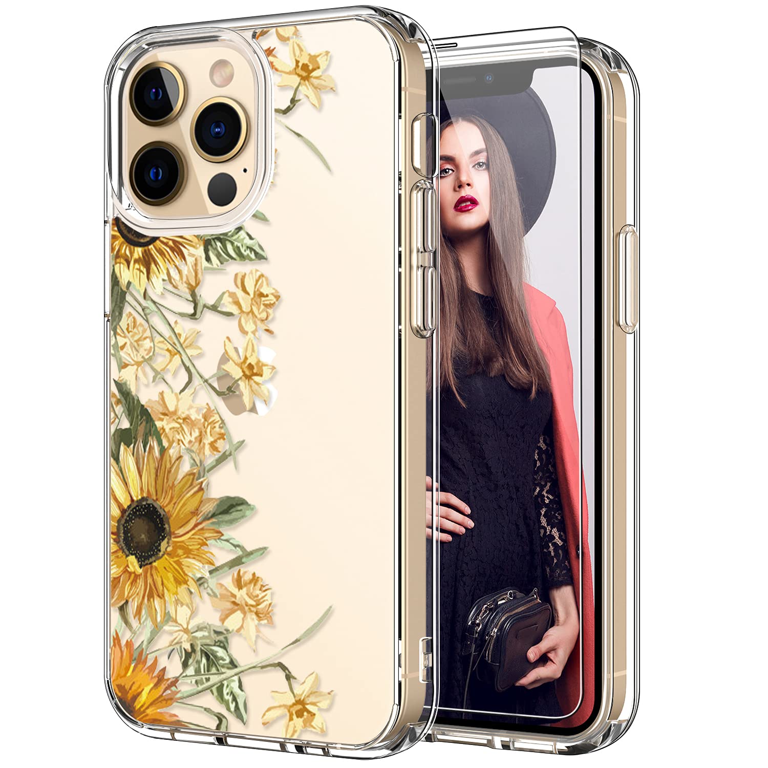 ICEDIO iPhone 13 Pro Max Case with Screen Protector - Slim Crystal Clear Protective Cover with Sunflower & Yellow Floral Design for Women & Girls | Fashionable Phone Case for iPhone 13 Pro Max 6.7