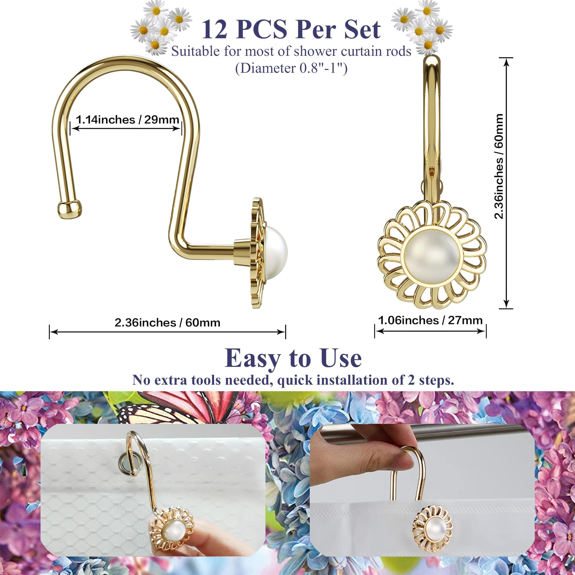 Luxury Gold Shower Curtain Hooks & Rings - Heavy Duty Metal Decorative Bathroom Hangers for Shower Rod and Liner, Sunflower Design, Elegant Gold Finish - Perfect for Modern Bathrooms, Spa-Like Showers, and Luxury Home Decor